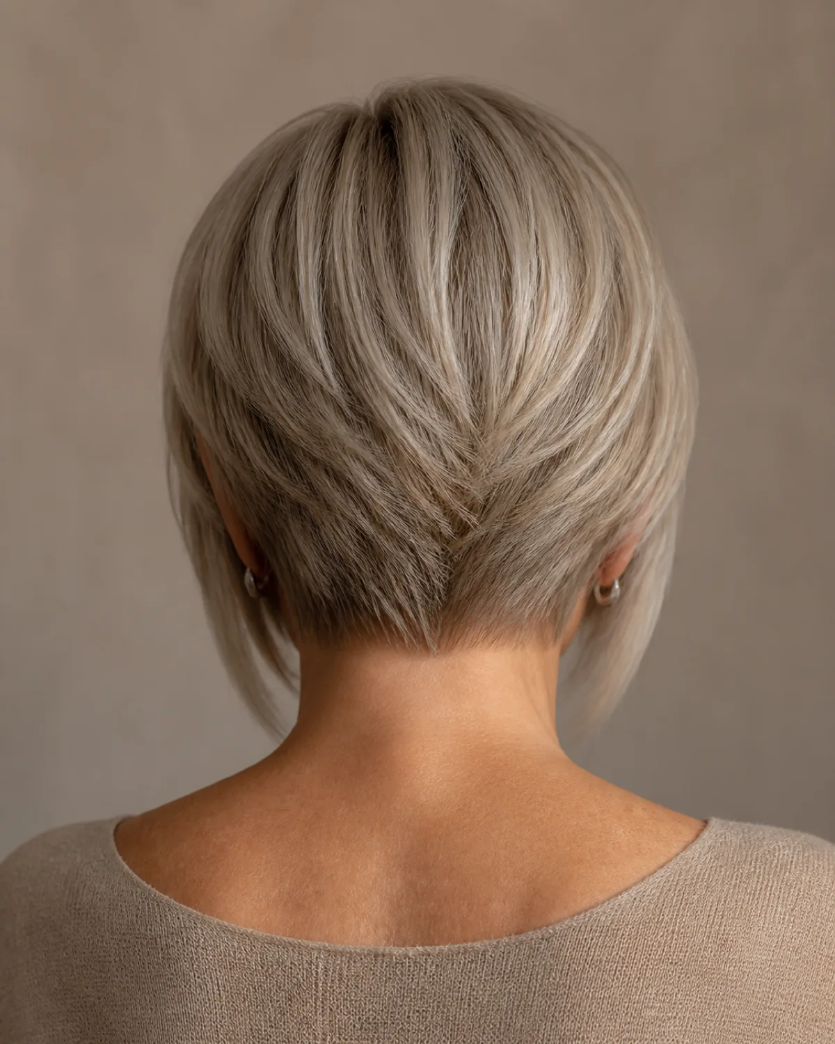 A woman in her early 60s with cool ash-blonde hair in a graduated bob seen from directly behind, shorter stacked layers at the nape pushing outward with longer front pieces angling forward past the jaw