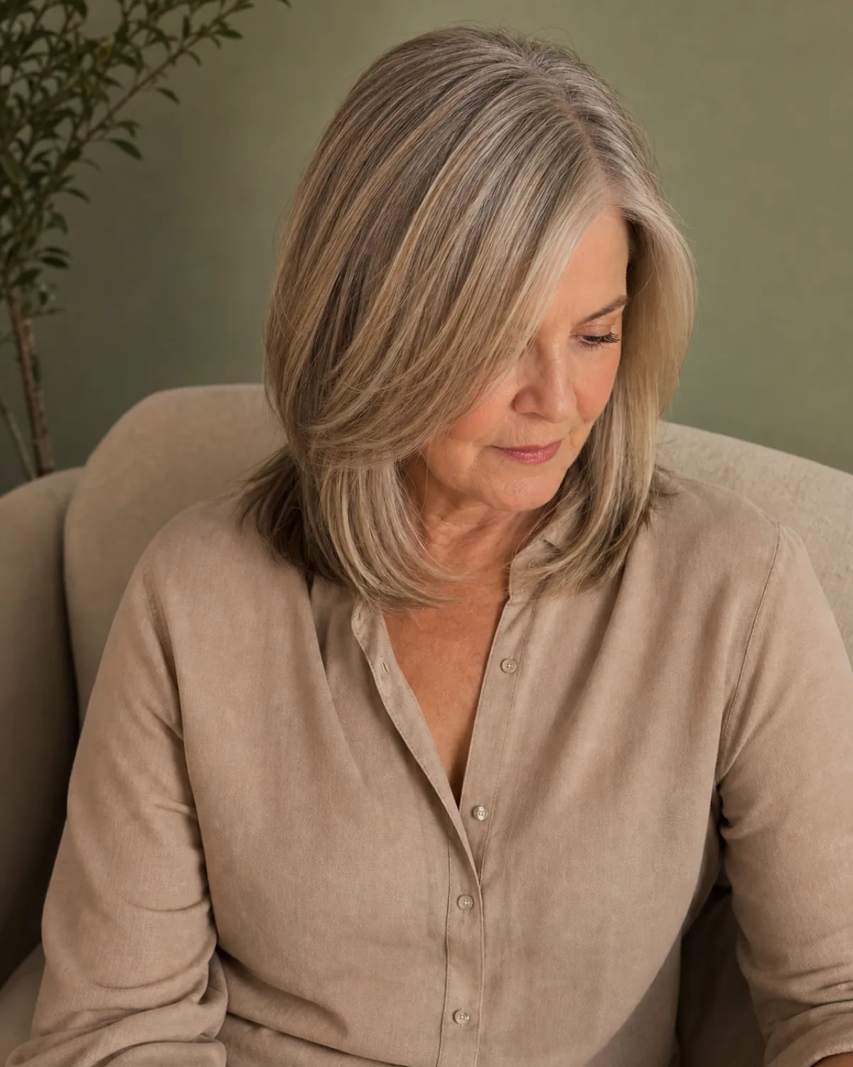 A woman in her early 60s with warm grey-blonde hair in a collarbone-length lob with visible layers starting at chin level, seated and looking downward, hair falling forward over one shoulder