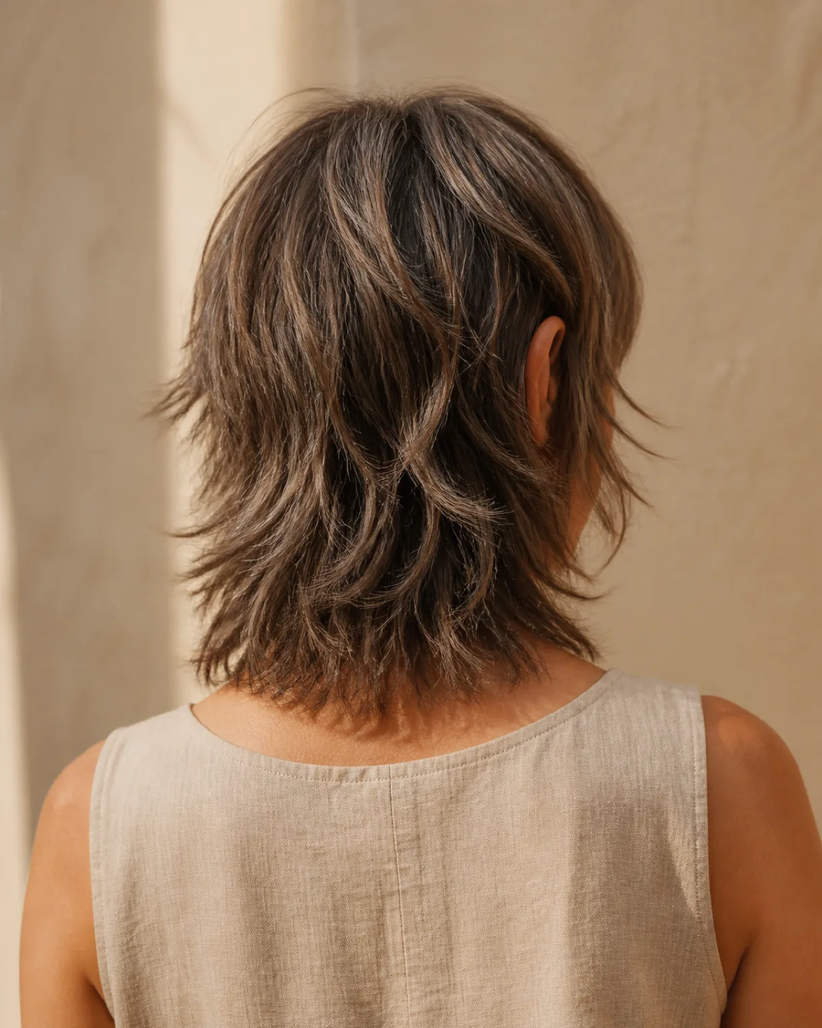 A woman in her late 50s with warm brown hair with grey streaks in a wavy shag cut from chin to shoulder, shot from behind showing disconnected razored layers creating textured frayed ends with movement