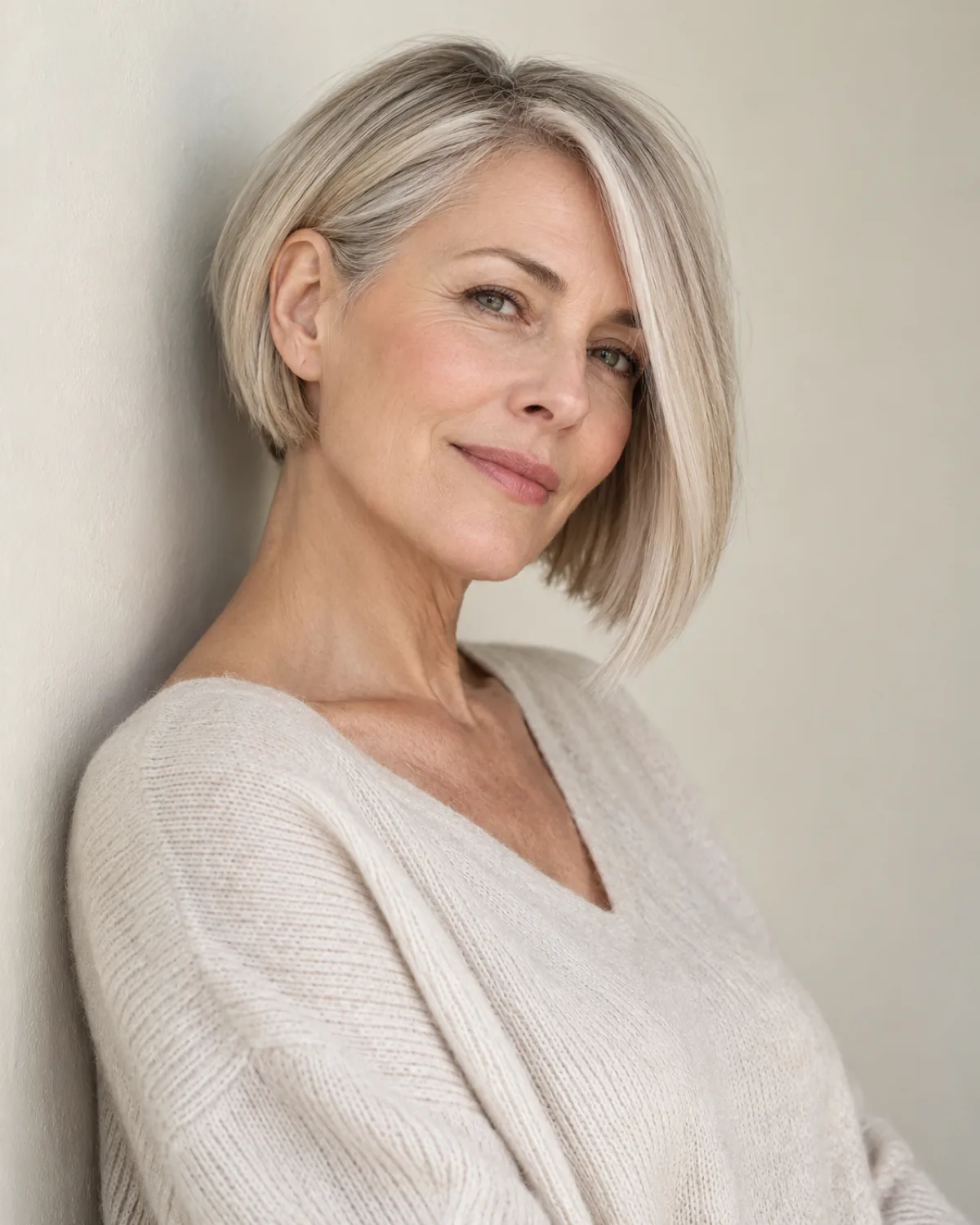 Mature woman with platinum ash-blonde asymmetric bob leaning against wall, shorter side at earlobe and longer side at chin, straight hair emphasizing the angle