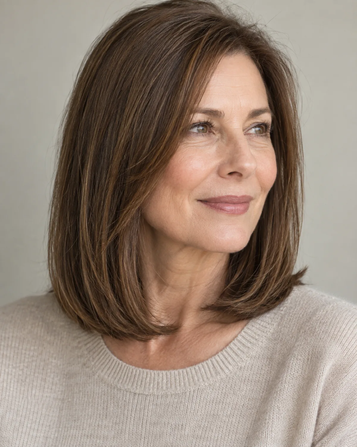 Three-quarter view of mature woman with straight collarbone-length hair, subtle inward bevel visible at the ends