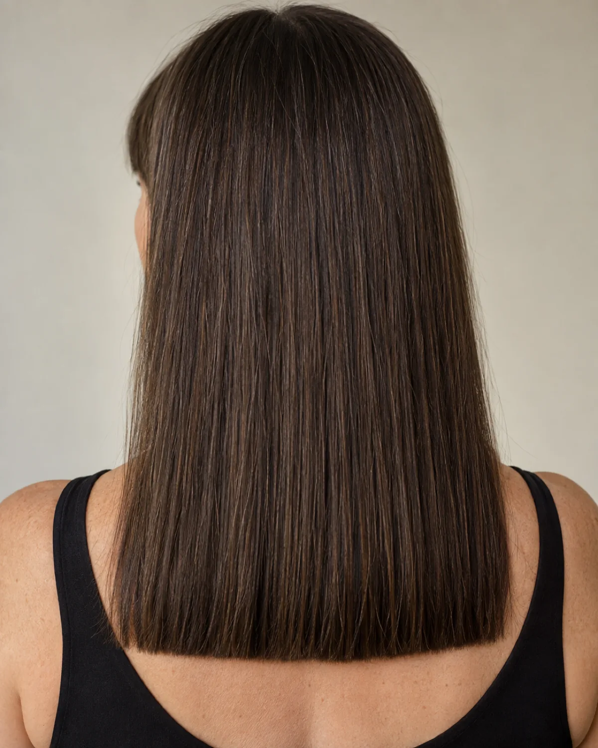 Back view of mature woman with long one-length straight dark hair showing blunt-cut hemline, bangs visible at temples