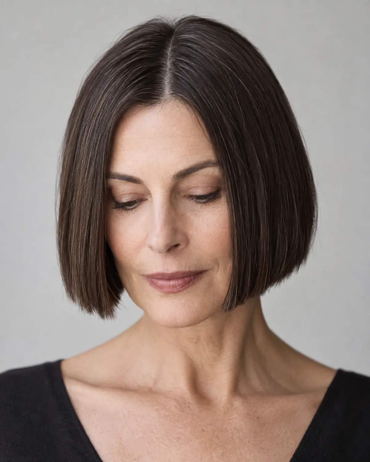 Front-facing mature woman with short blunt bob at chin level, dark brown straight hair, eyes downcast, clean jawline framing