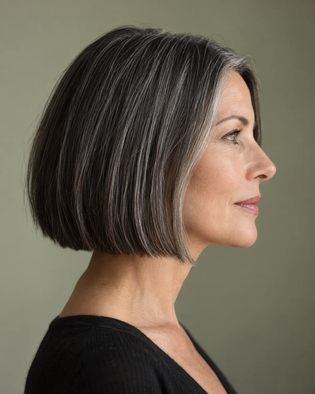 Side profile of mature woman with chin-length center-parted straight bob showing clean symmetric lines, silver-threaded dark hair against muted sage background