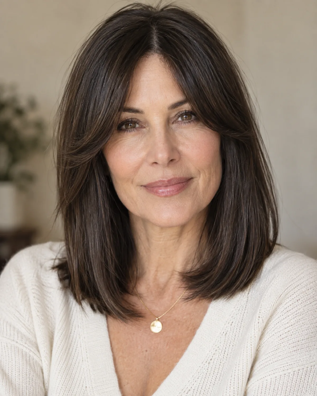 Front-facing mature woman with straight dark shoulder-length hair and center-parted curtain bangs framing the face
