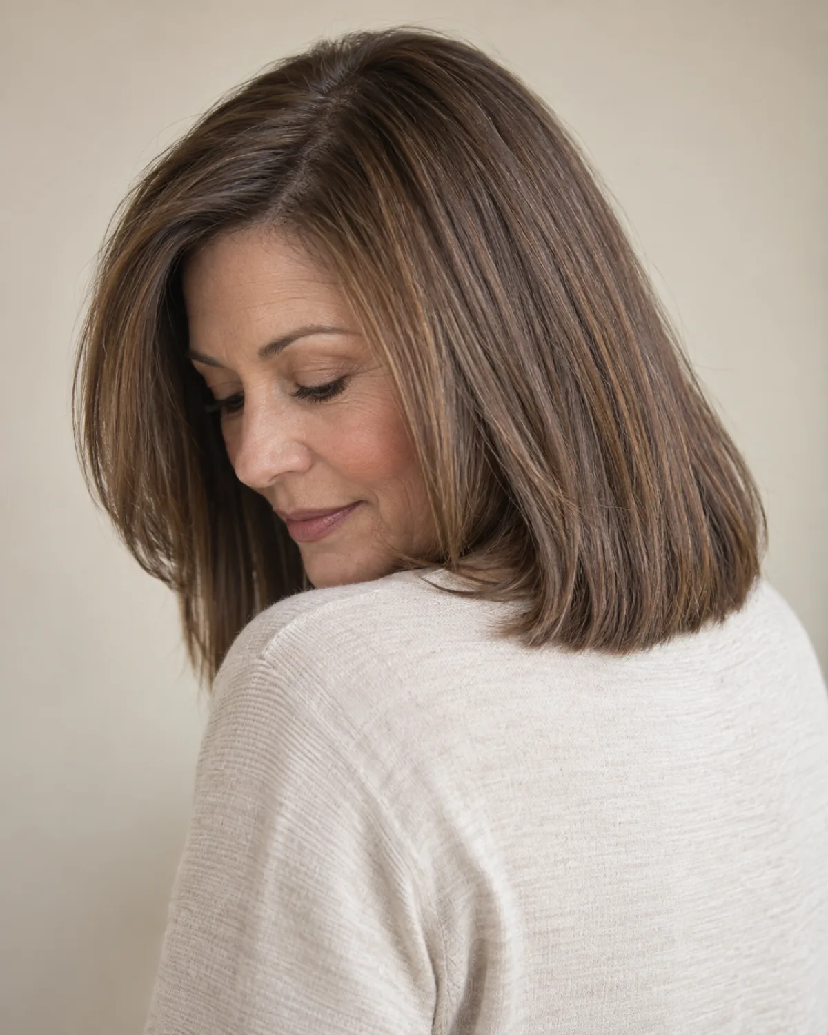 Back three-quarter view of mature woman with collarbone-length straight hair showing defined weight line at shoulder level