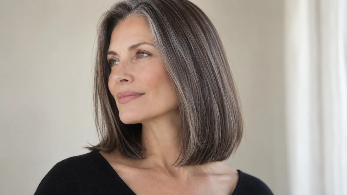 Mature woman with sleek silver-threaded straight hair at collarbone length in three-quarter profile, neutral warm background