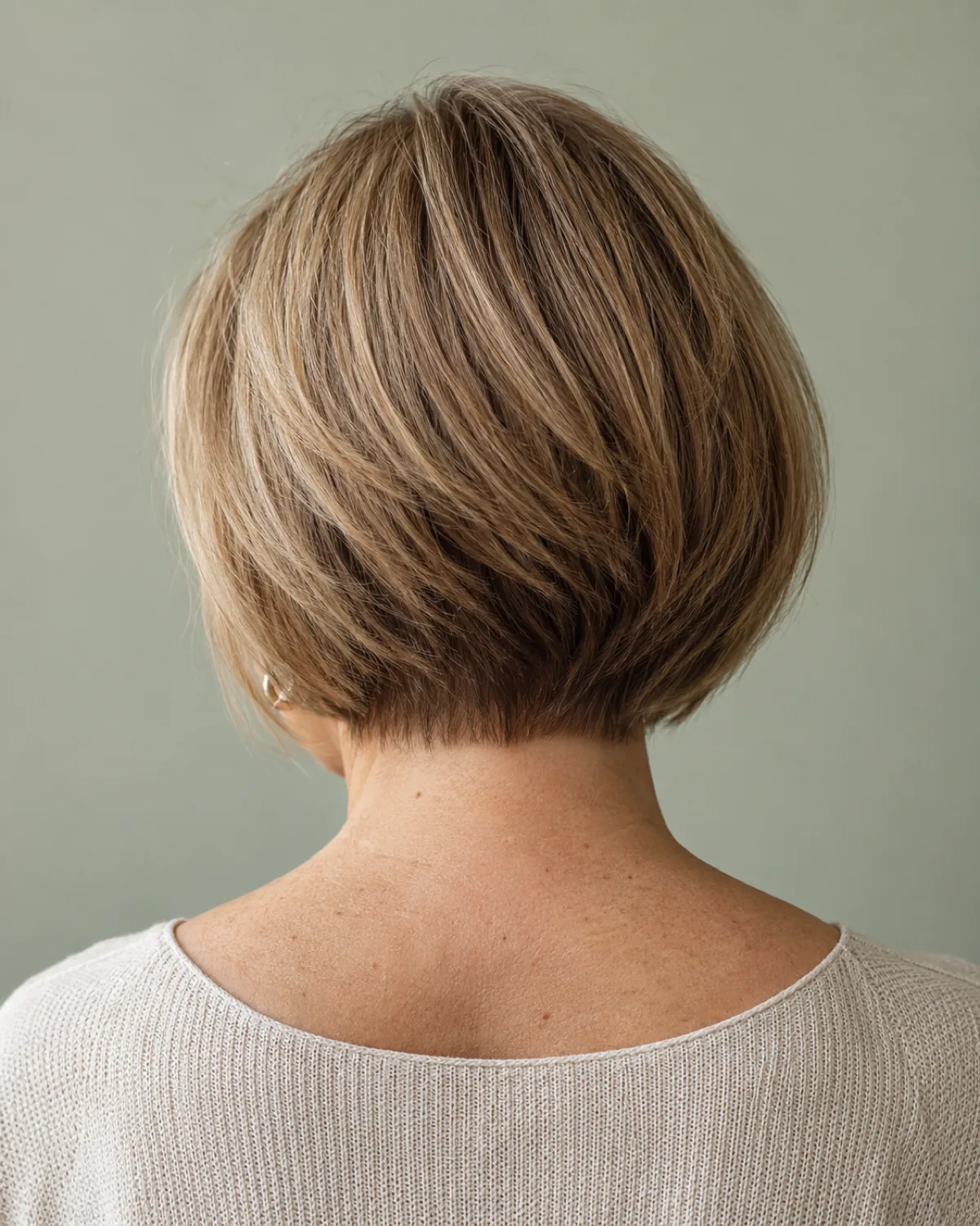 Back view of mature woman with graduated bob showing stacked layers at the nape, dark blonde straight hair