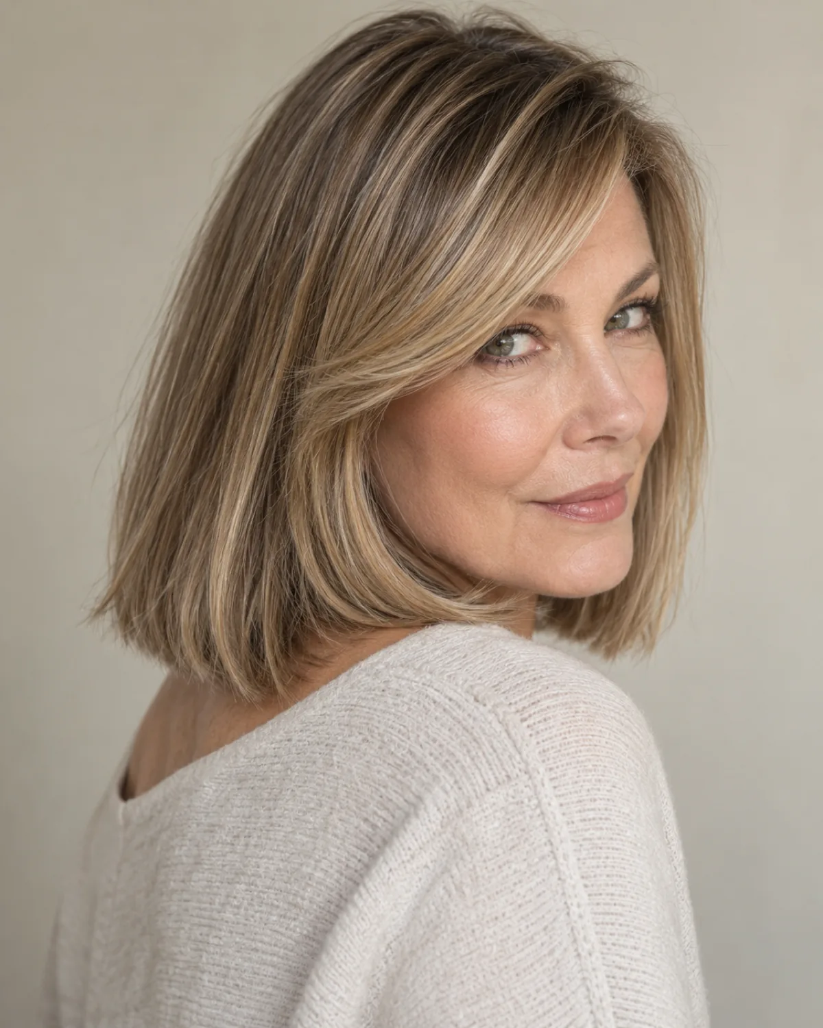 Mature woman looking back over right shoulder, collarbone-length lob with side-swept bangs, straight blonde-highlighted hair swinging