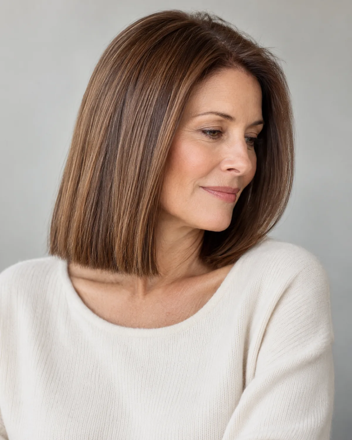 Three-quarter view of mature woman with one-length collarbone straight bob in warm chestnut, clean horizontal hemline visible