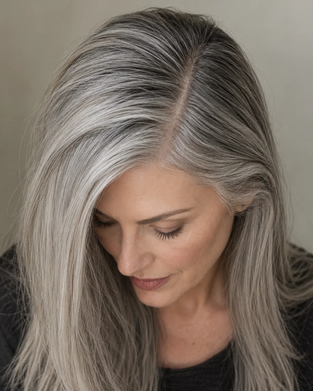 Mature woman with long silver-grey straight hair looking down, deep side part clearly visible with hair falling to one side