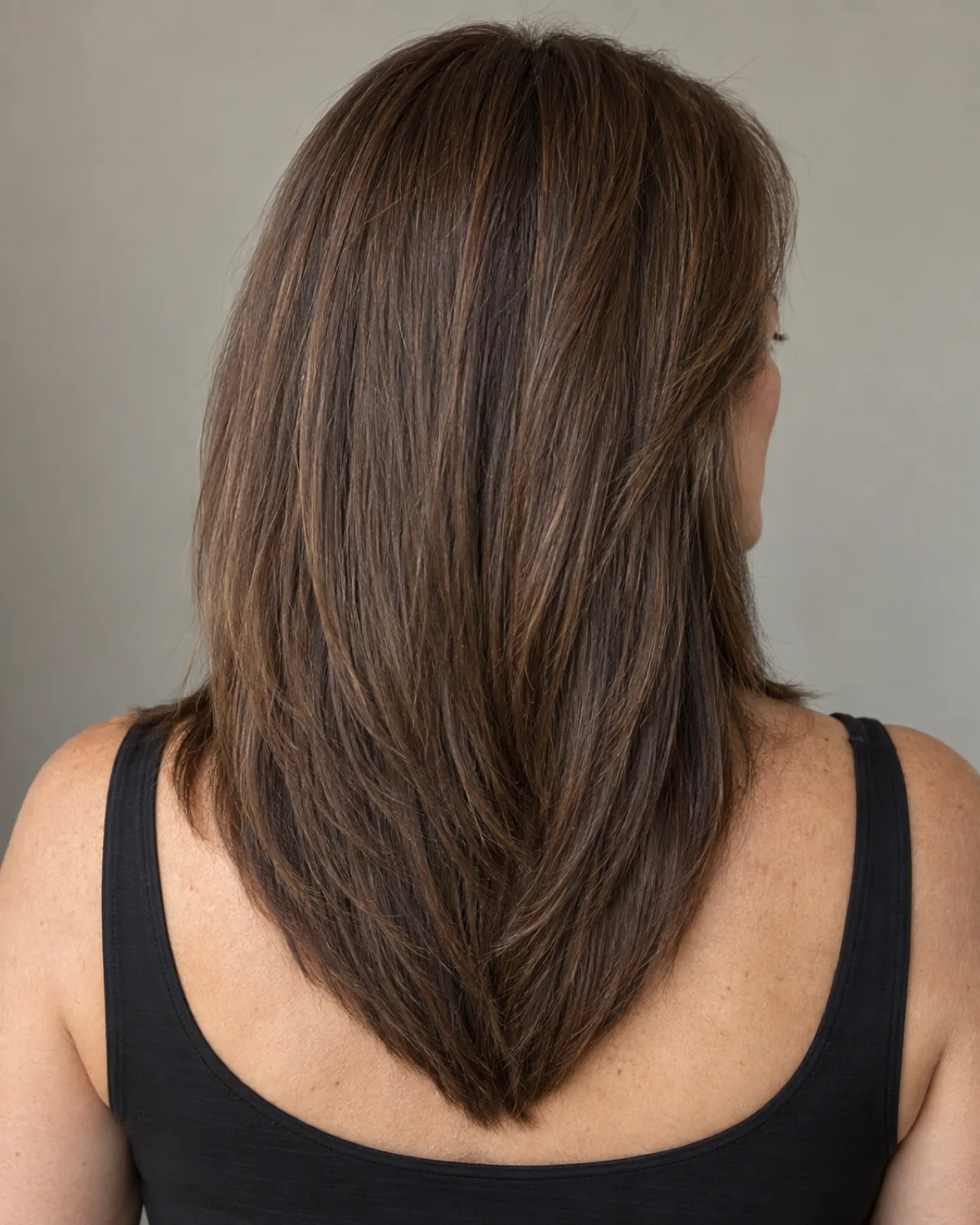 Back view of mature woman with straight dark brown hair cut in a V-shape taper below the shoulders, center back longest