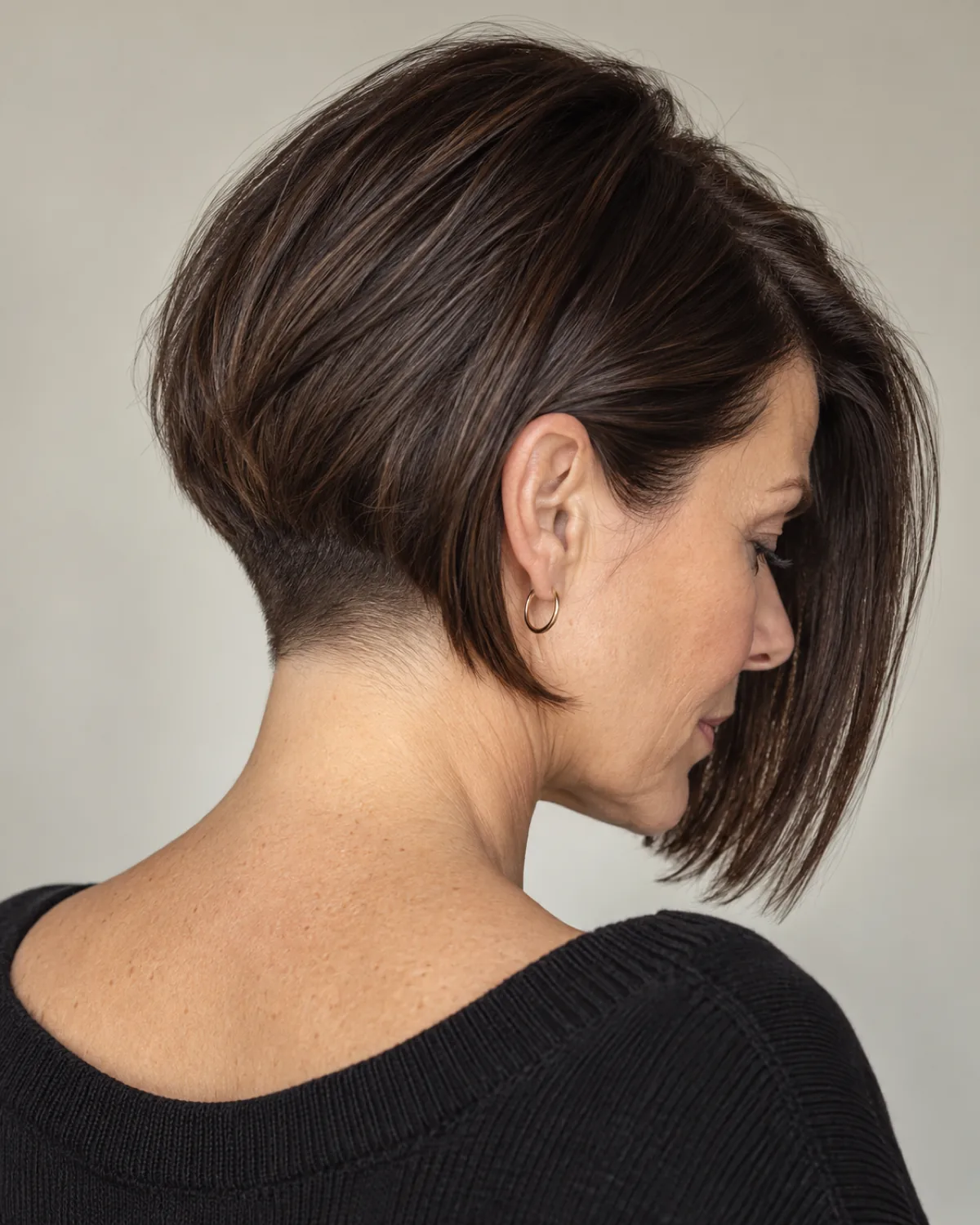 Back three-quarter view of mature woman with chin-length straight dark bob showing buzzed undercut at the nape