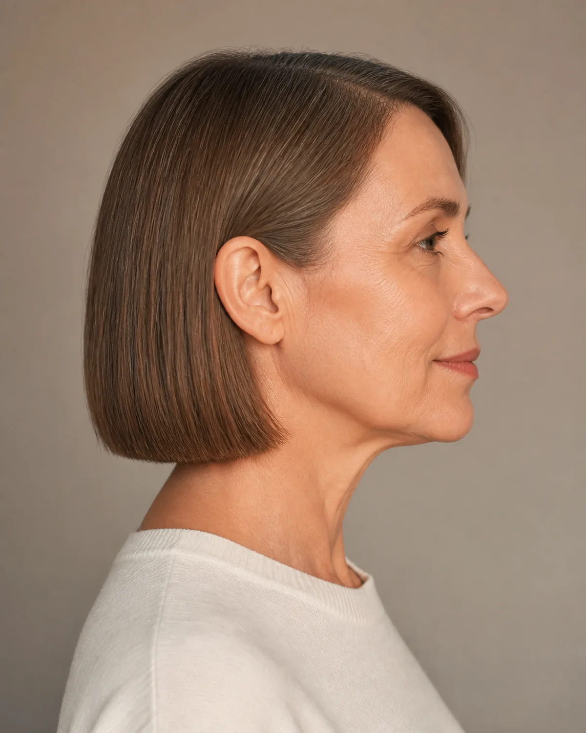 Profile view of a mature woman with a chin-length blunt bob in warm brunette with grey threads, the single-length cutting line sharp and unbroken at jaw level