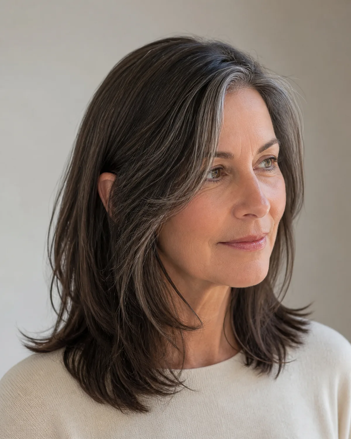Three-quarter view from the right of a mature woman with dark brown hair streaked with silver at the front, a layered lob past the shoulders with face-framing pieces starting at the cheekbone and getting progressively longer