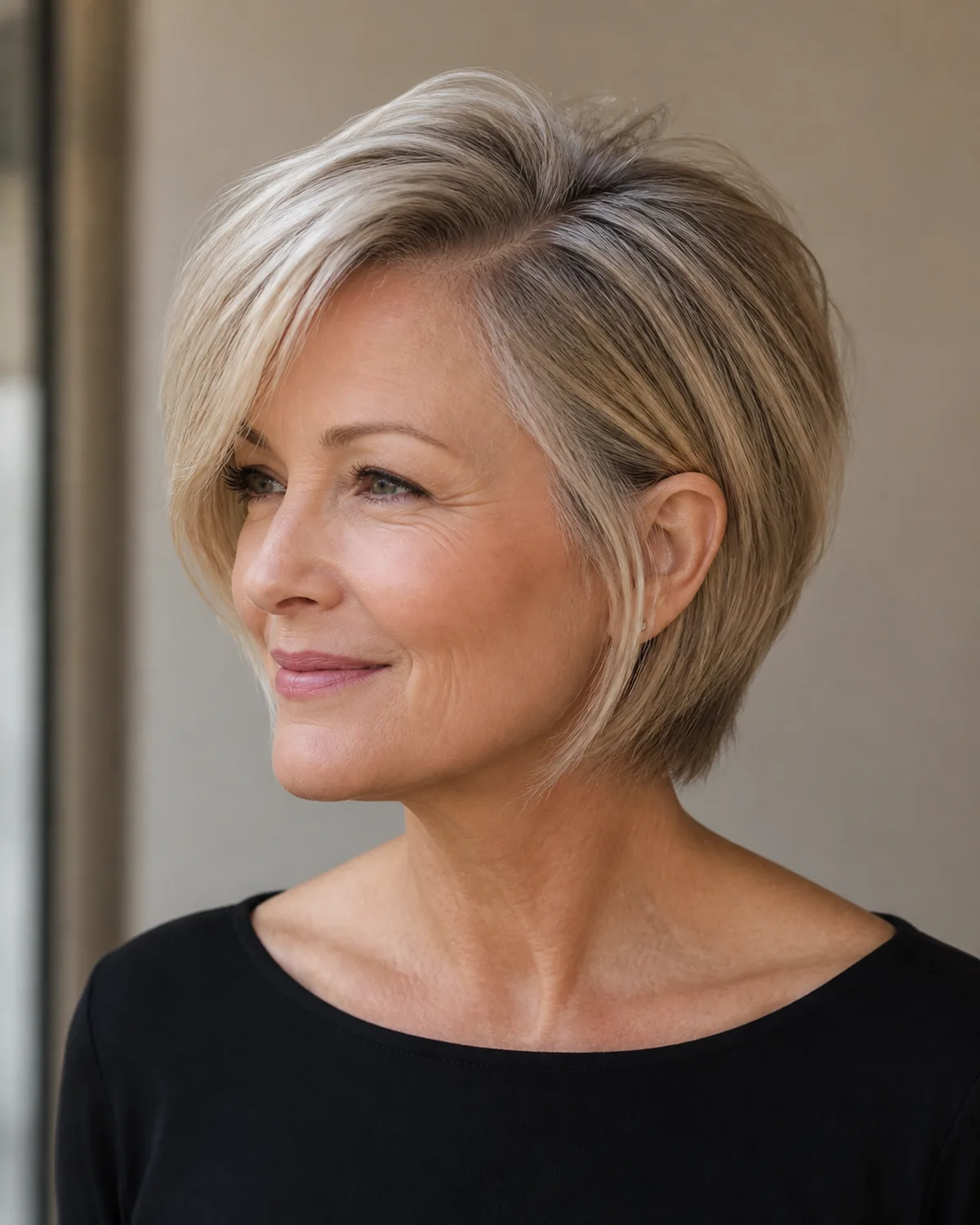 Three-quarter view from the left of a mature woman with fine ash-blonde hair in a side-swept layered bob, a deep side part creating visible root lift and redirecting volume across the crown