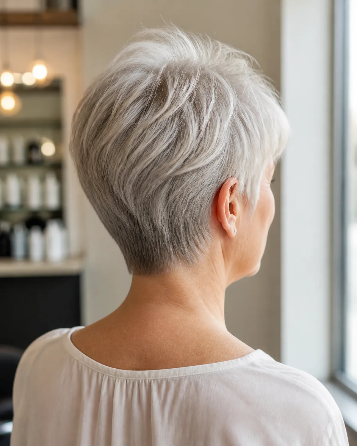 Back-three-quarter view of a mature woman with silver-white hair in a short volumizing crop, graduated layers at the back crown pushing volume forward and a clean tapered nape finish