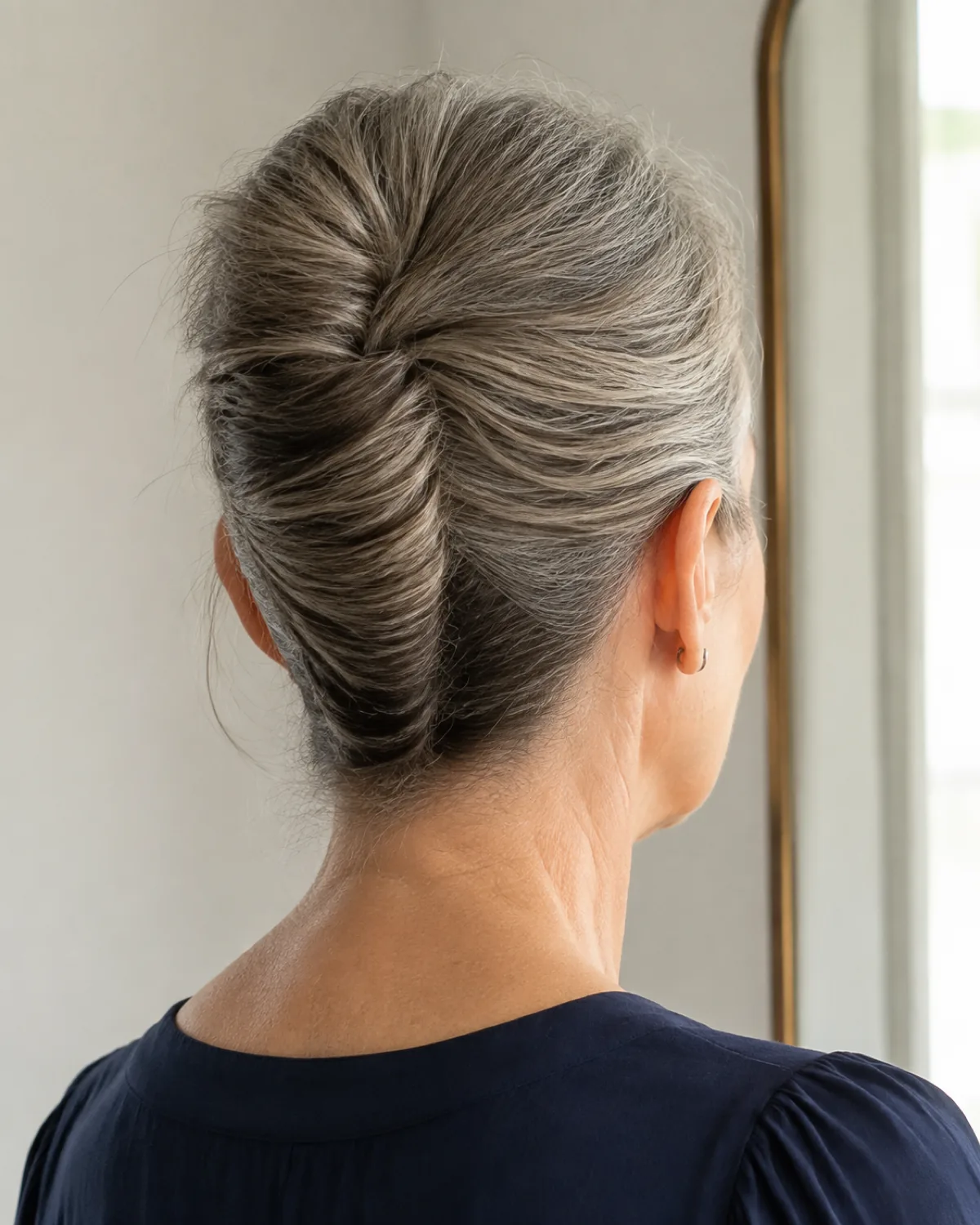 Back-three-quarter view of a mature woman with thick salt-and-pepper hair in a French twist, showing the vertical roll along the center back and lift at the crown
