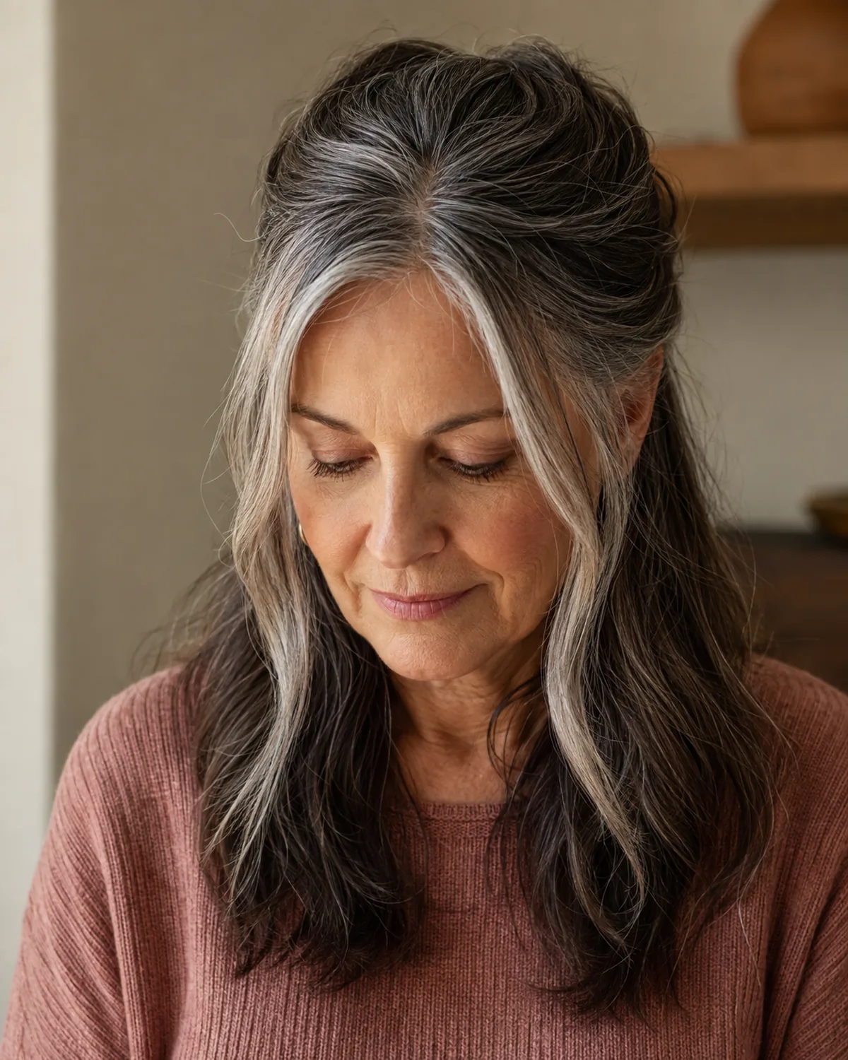Front-facing mature woman with dark hair streaked with silver in a half updo, top section gathered back, face-framing pieces falling at the temples, eyes downcast