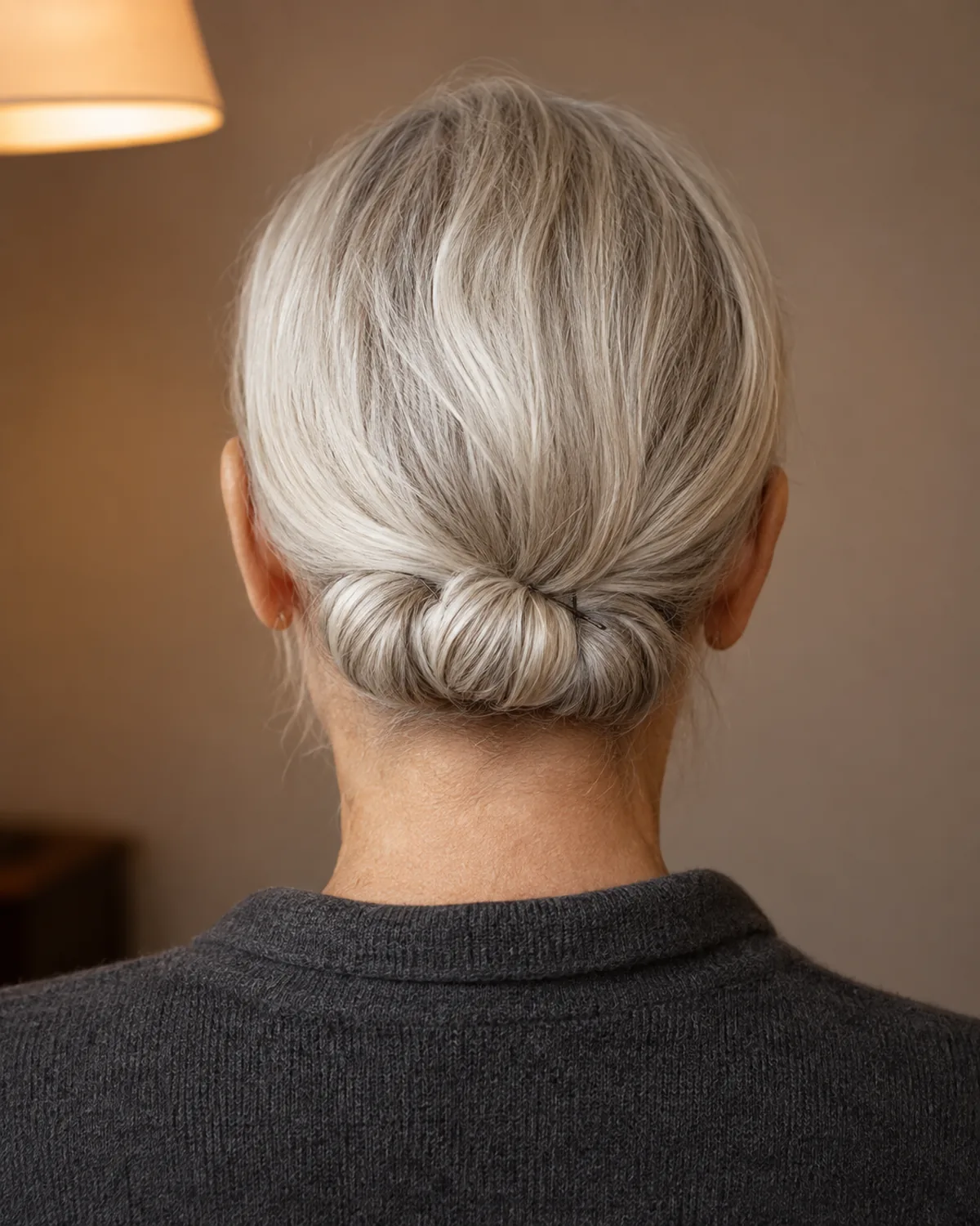 Back view of a mature woman with silver-white hair in a rolled bun at the nape, the roll wrapping around itself, charcoal cardigan
