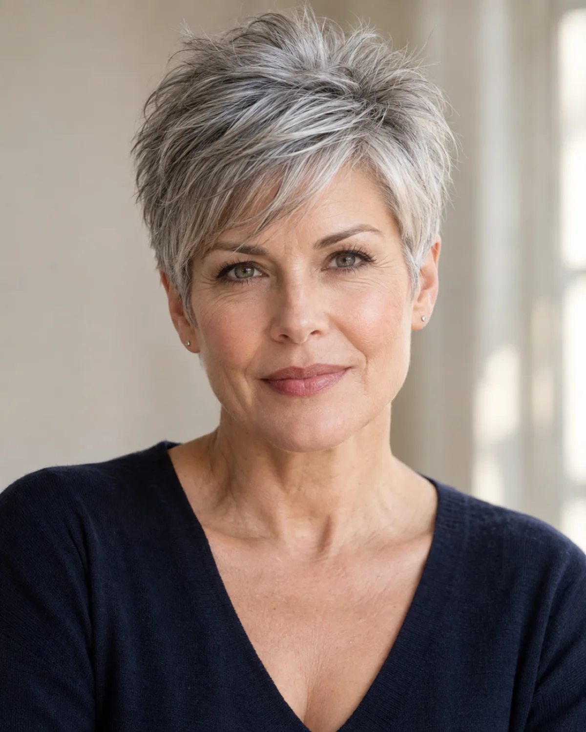 Mature woman with layered pixie showing visible crown volume, cool silver-grey hair, front-facing with soft focus on features