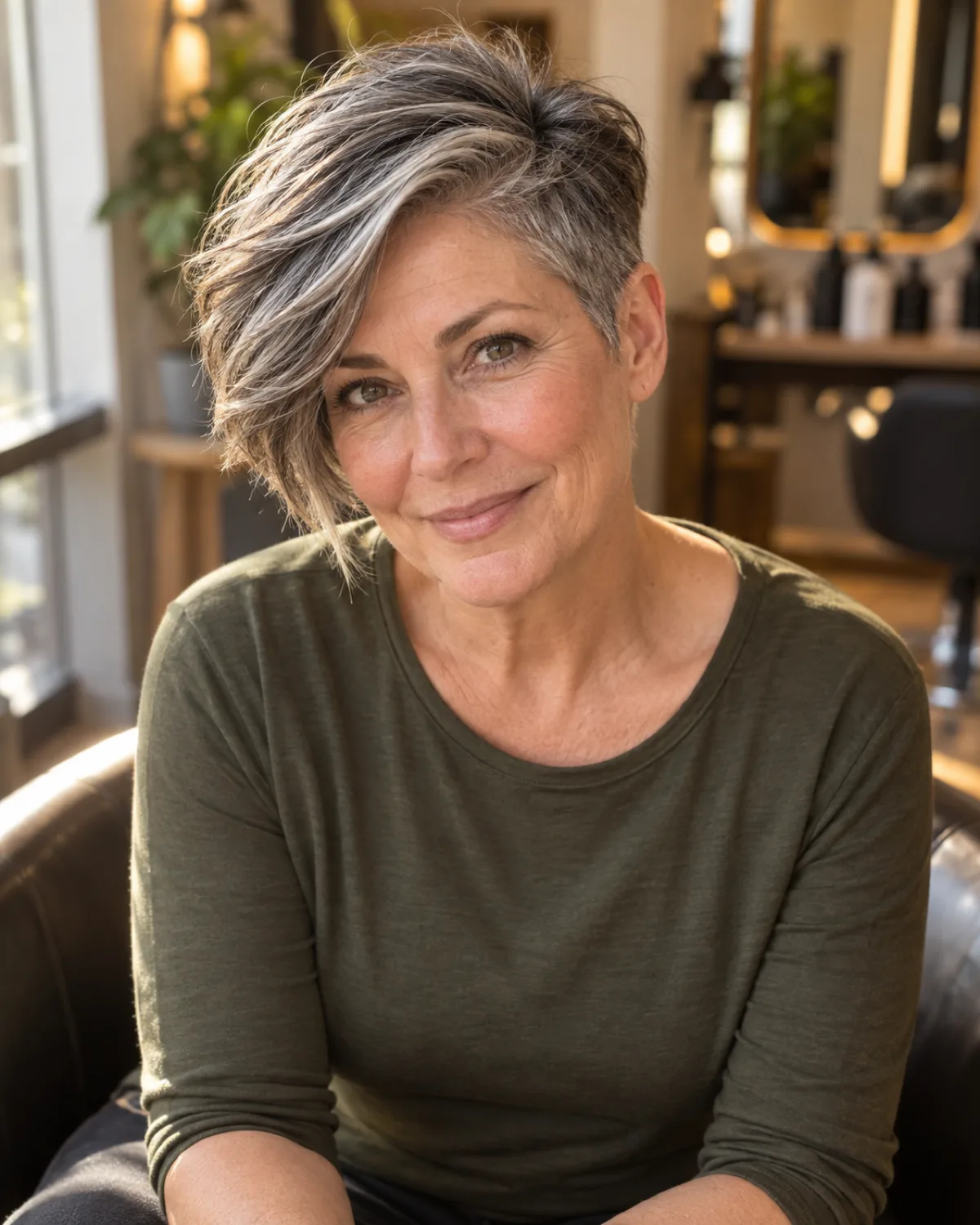 Mature woman with side-swept pixie in salt-and-pepper hair, seated in salon, dramatic sweep to one side, warm golden light