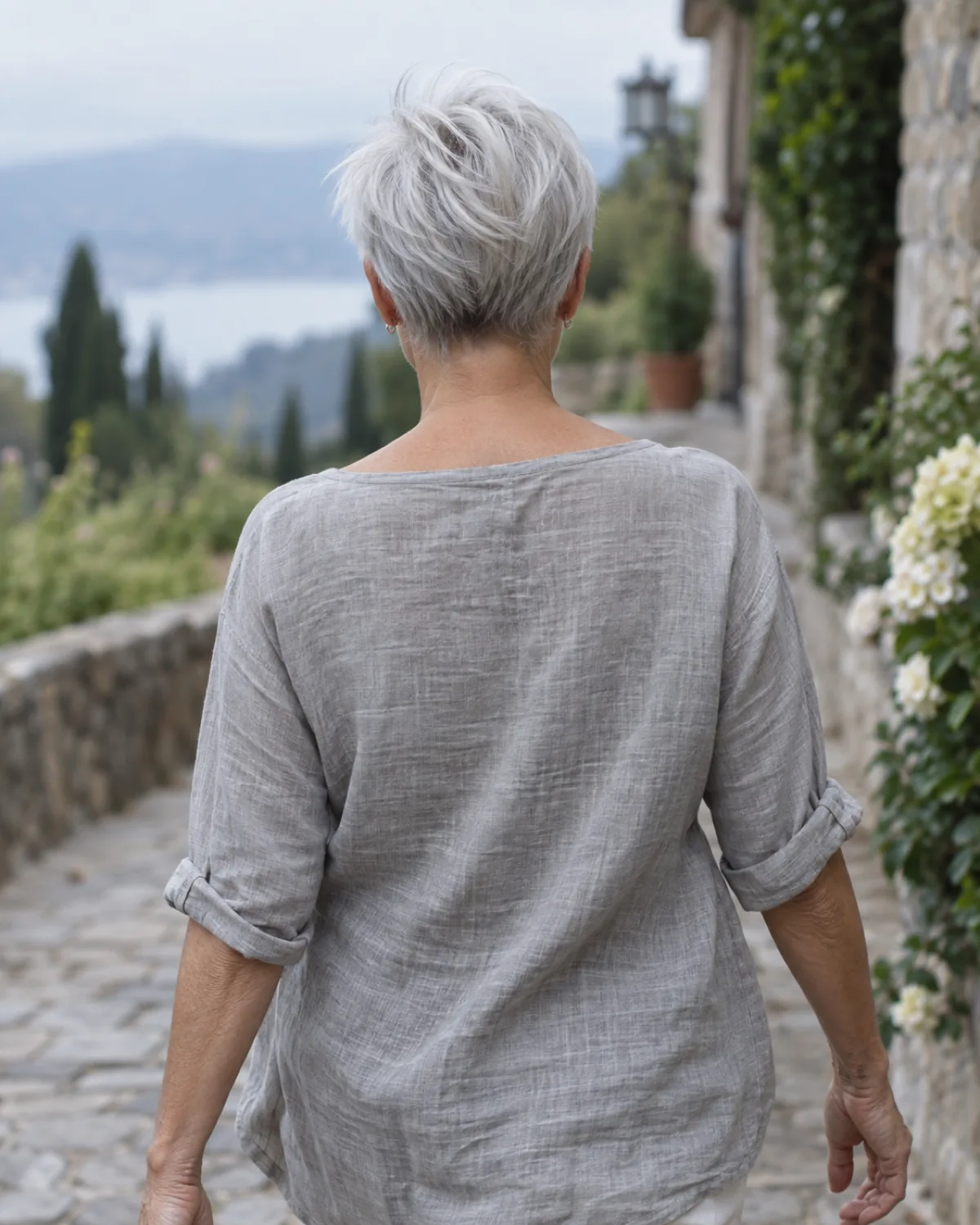 Mature woman with bright silver-white pixie walking away on stone pathway, clean silver tone catching overcast light