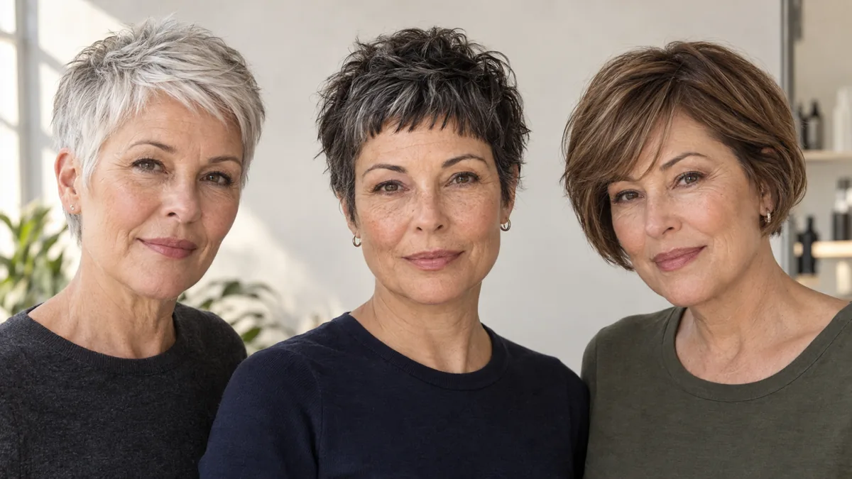 Three women over 50 with distinct very short haircuts standing side by side in a salon studio, warm natural light