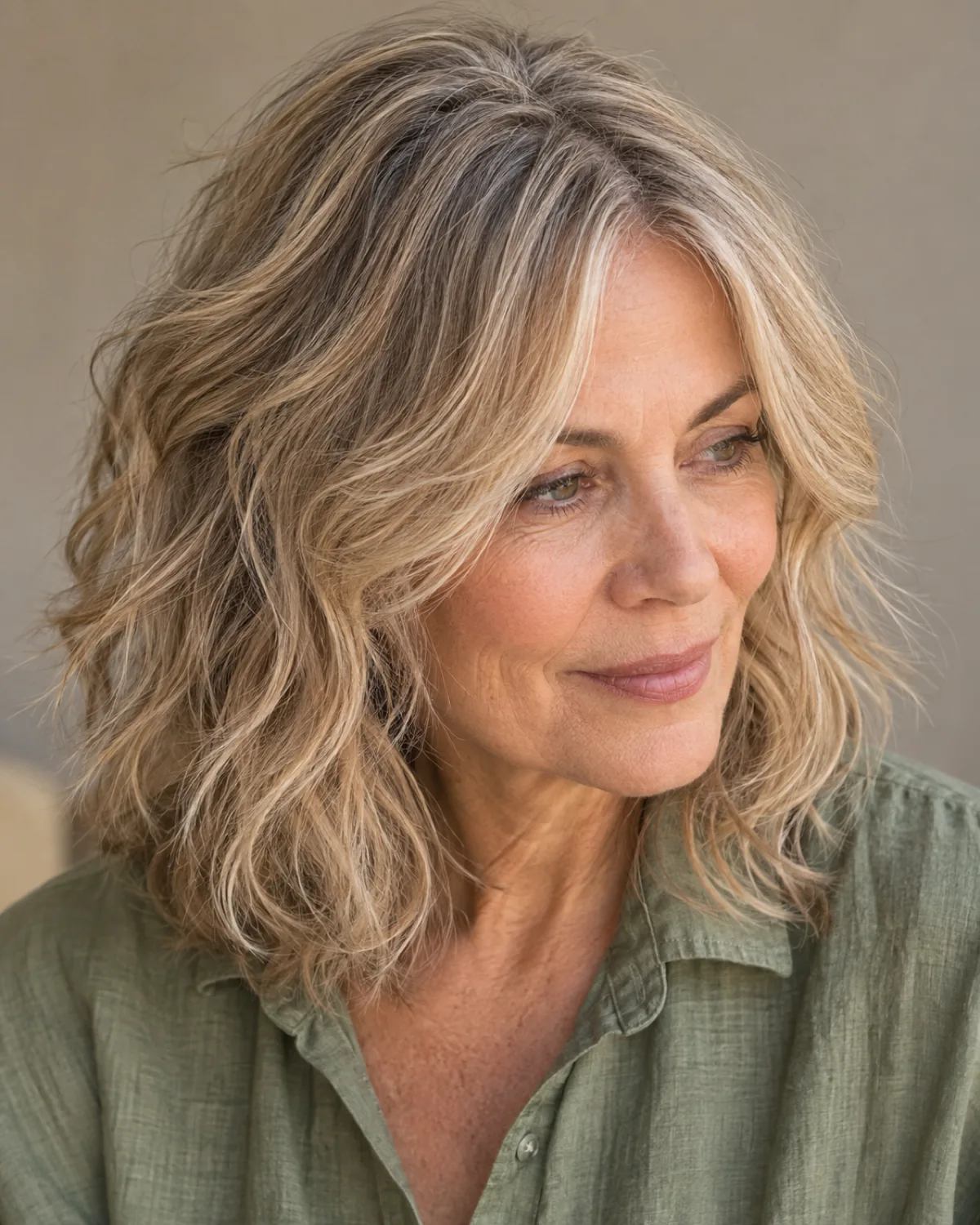 Woman over 50 with sandy blonde wavy hair in a shoulder-length shag with curtain bangs, three-quarter view, sage green linen shirt