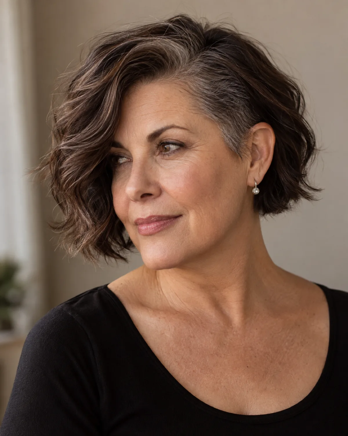 Woman over 50 with chocolate brown wavy chin-length bob swept to one side, three-quarter view, black scoop-neck top