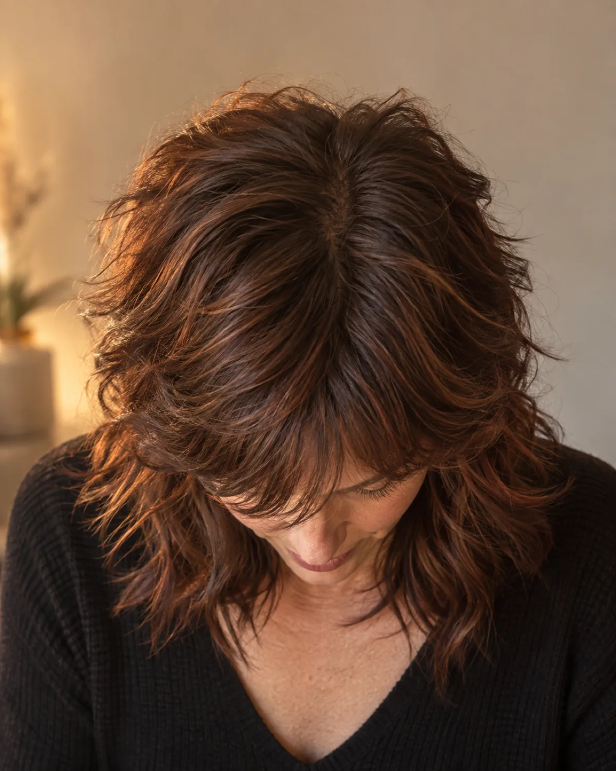 Top-down view of woman over 50 with dark brunette wavy wolf cut, heavy layers with volume at the crown, head tilted forward, black top