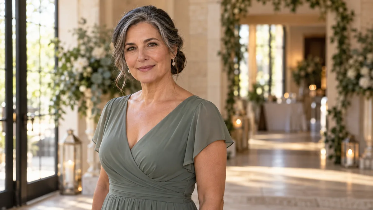 Woman over 50 in a sage dress standing in a warmly lit wedding venue foyer with her silver-streaked hair in a low chignon