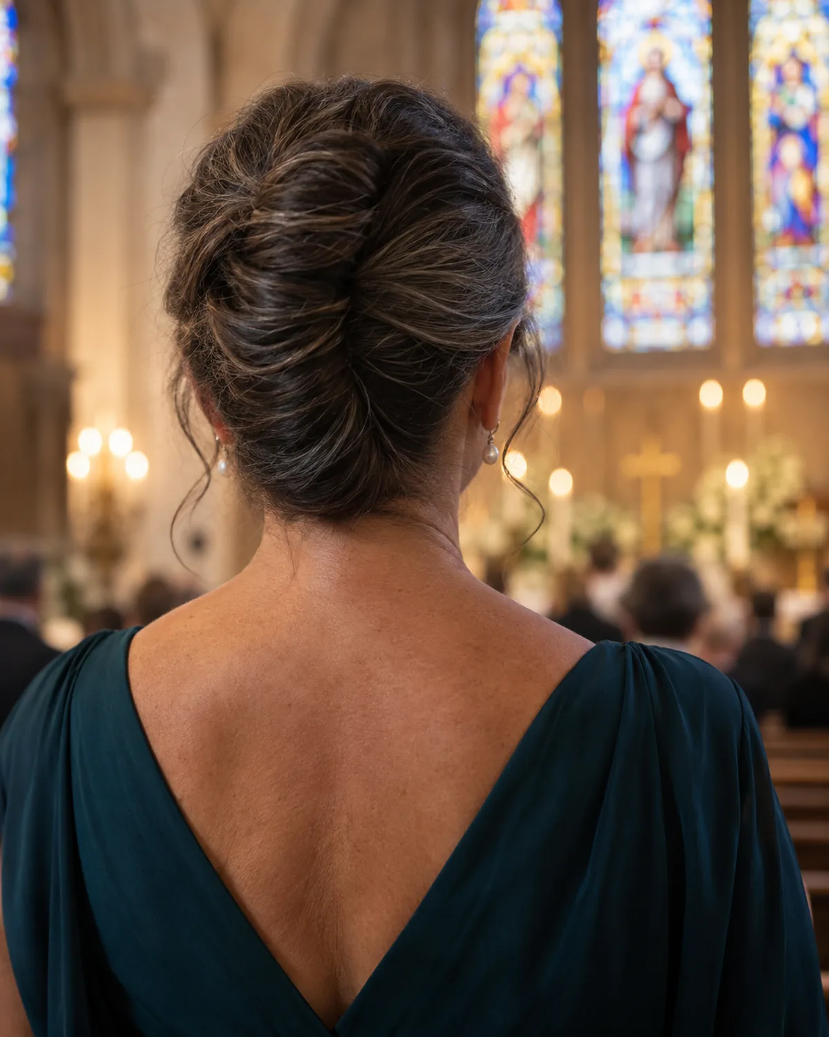Woman over 50 in a teal dress seen from directly behind, her dark hair with silver threads in a French twist, church with stained glass behind