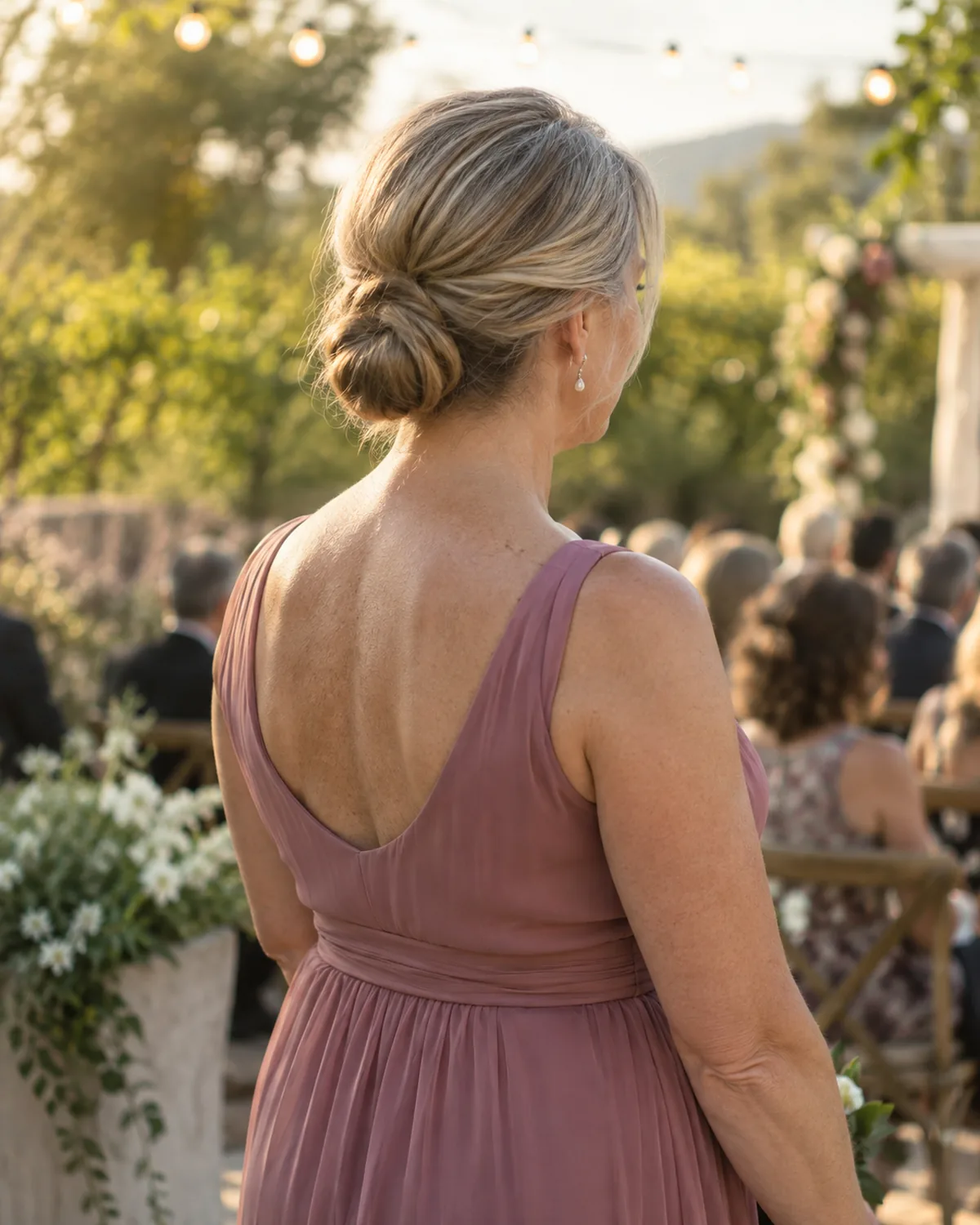 Back-three-quarter view of a woman over 50 in a dusty-rose dress with her hair in a low chignon at the nape, garden ceremony behind her