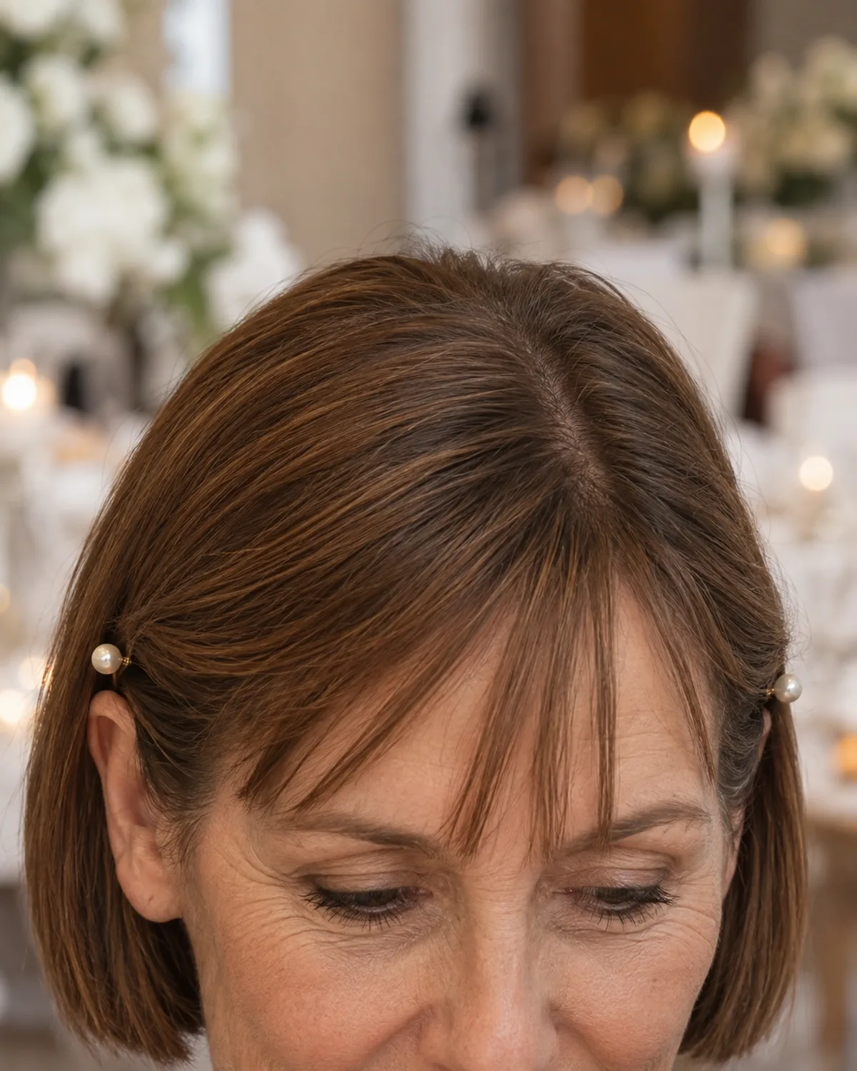 Close crop of a woman's forehead and bob with the front sections tucked behind each ear, small pearl pins visible above both ears