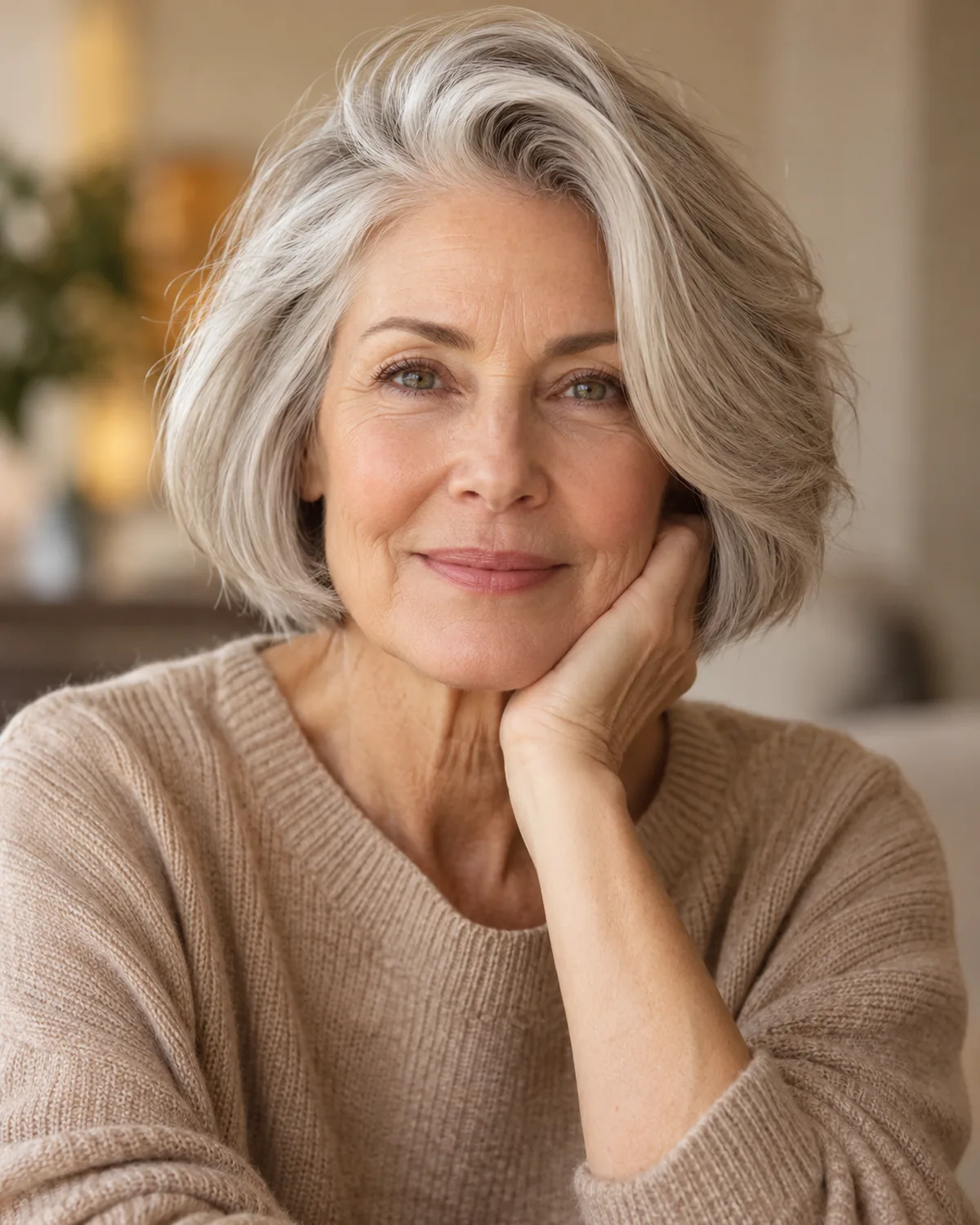 Front-facing mature woman over 60 with a chin-length bob blow-dried with body, deep side part visible, soft focus on features with hair in sharp focus