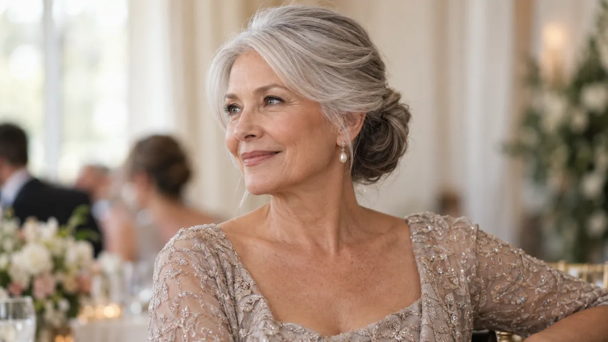 Three-quarter profile of mature woman over 60 with elegant silver hair styled for a wedding, soft natural light against a warm muted backdrop