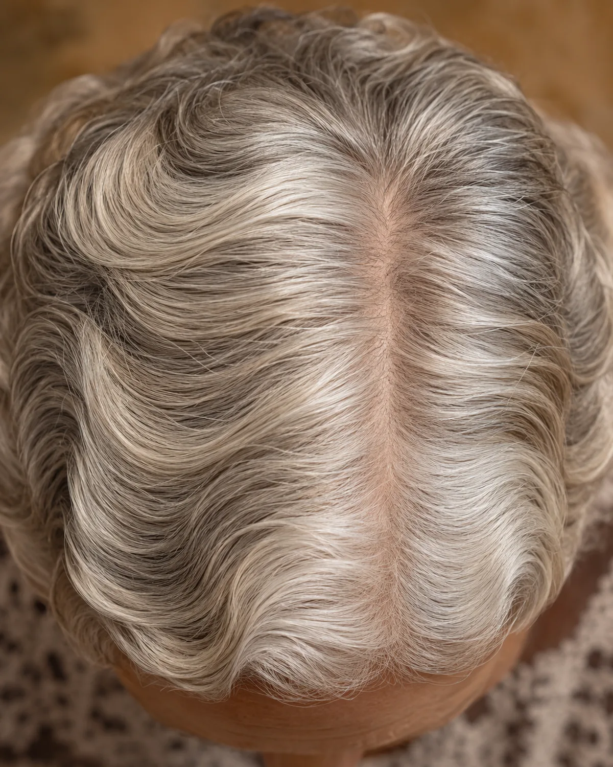 Top-down macro view of the part line and root area of mature woman over 60 with short silver hair set in sculpted finger waves close to the head