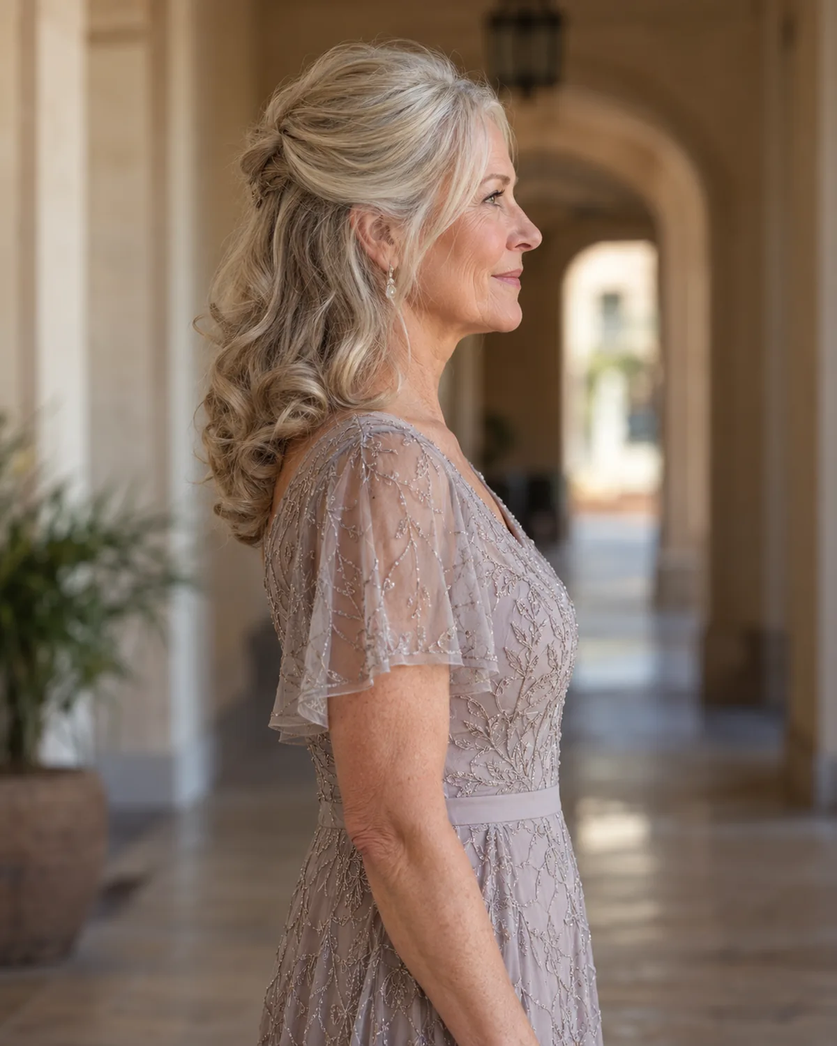Full profile of mature woman over 60 with medium-length grey-blonde hair in a half-up style, top section pinned at the crown with soft set curls falling below the shoulders