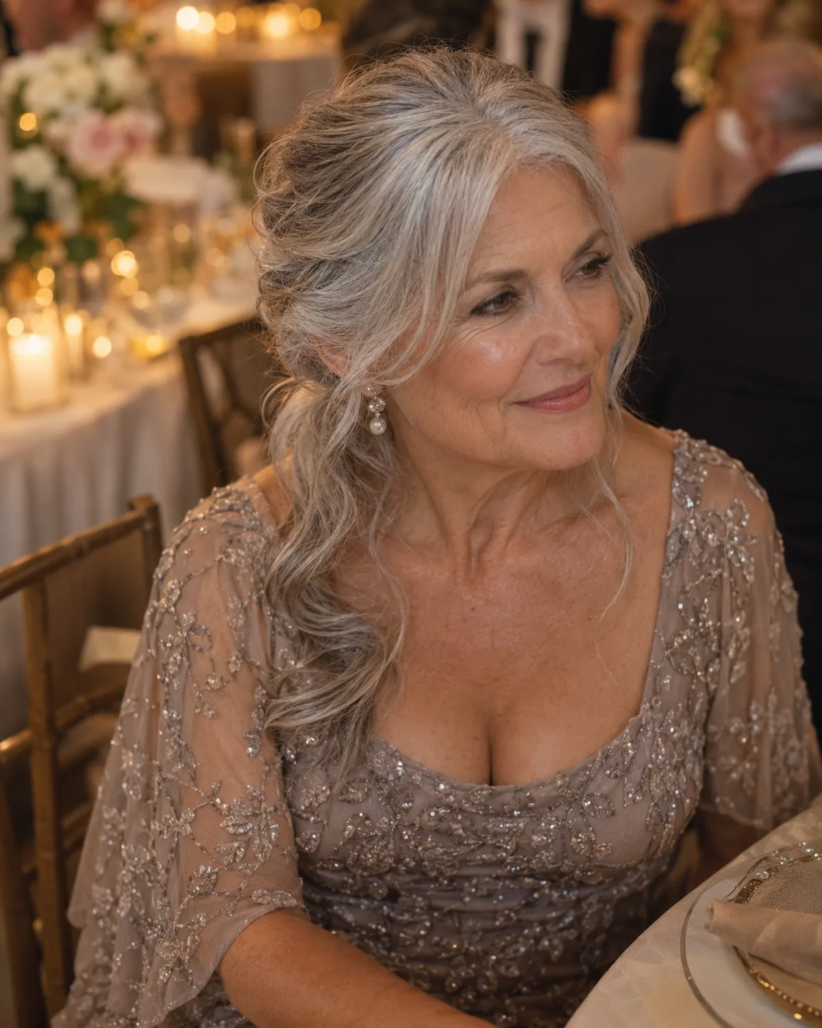 Seated mature woman over 60 photographed from slightly above, grey hair gathered loosely at the mid-back of the head with soft tendrils falling forward over one shoulder