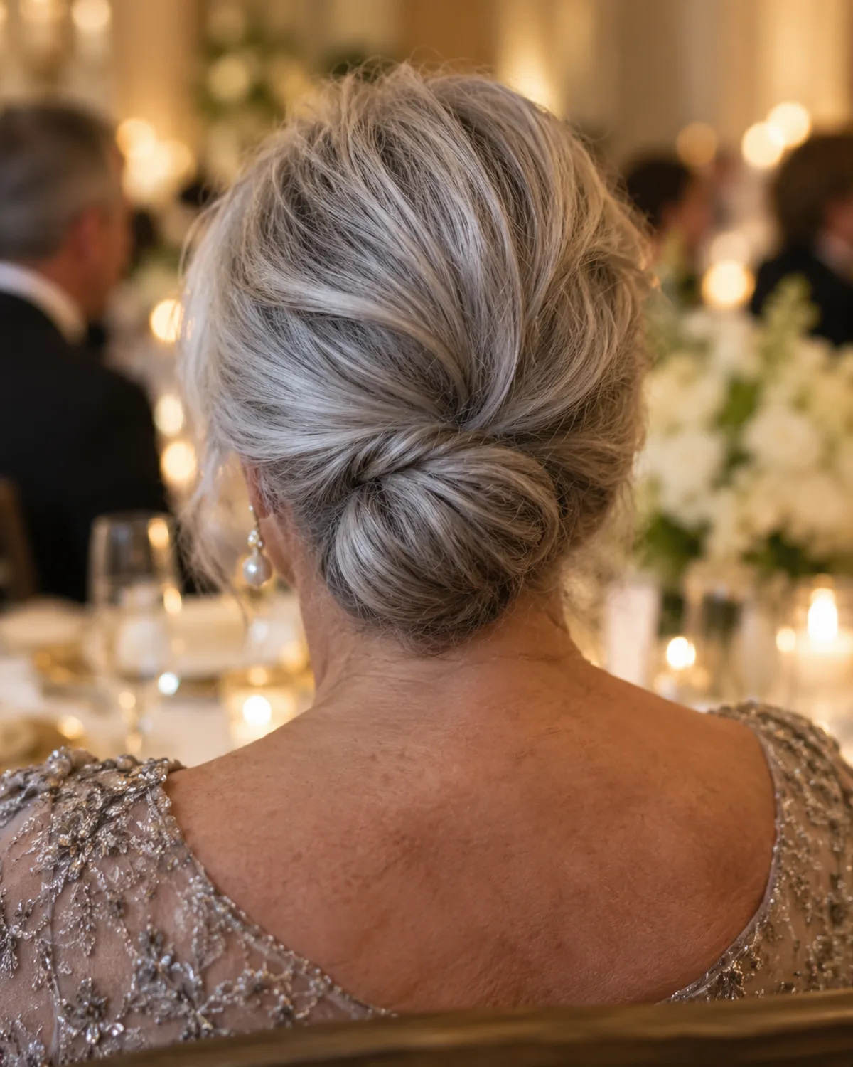 Rear view of mature woman over 60 with silver-grey hair gathered in a low chignon at the nape, soft volume visible at the crown, shoulders in frame