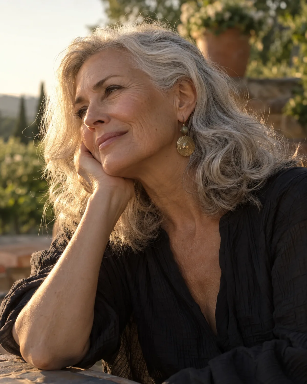 Mature woman over 60 with head tilted to one side, shot from slightly below chin level, shoulder-length grey hair worn down in natural waves, face partially visible
