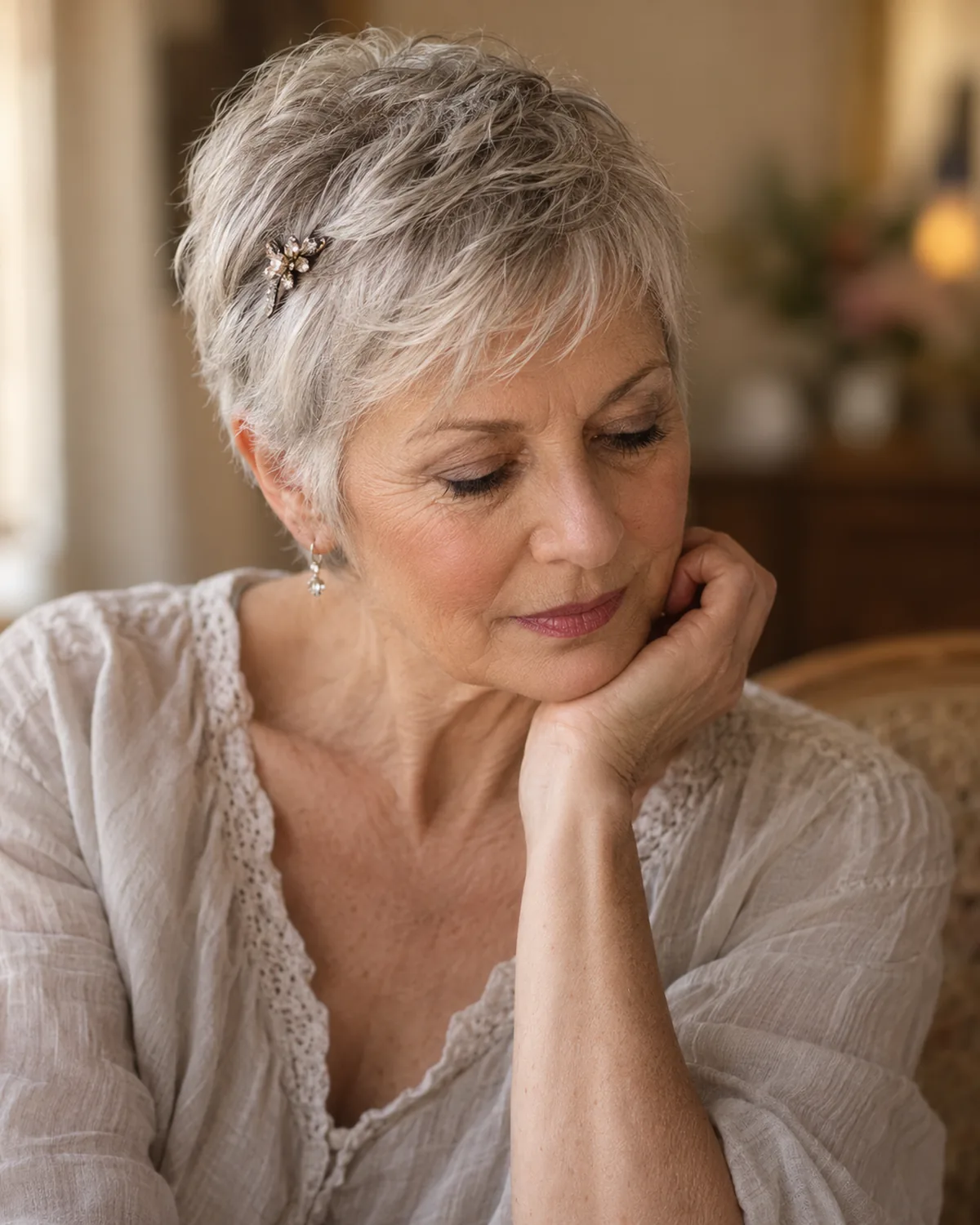 Front-facing mature woman over 60 with a short silver pixie, eyes downcast, a small jewelled clip positioned at the temple, hair in sharp focus