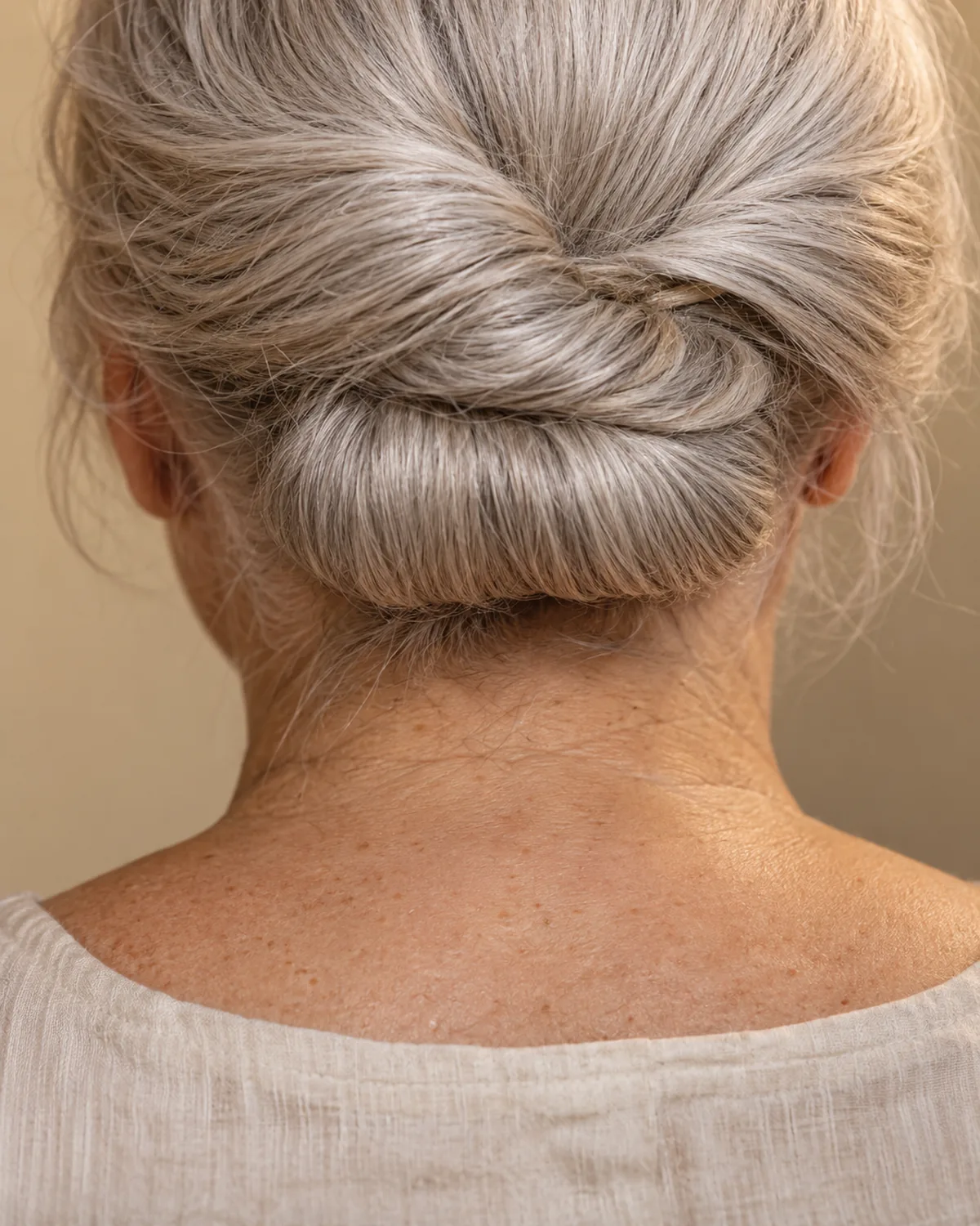 Close crop showing the mid-shoulder to nape area of mature woman over 60 with silver hair rolled vertically into a horizontal updo at the nape, ends tucked inside