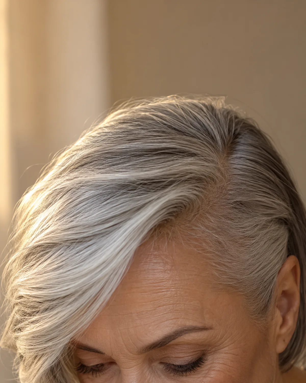 Close crop on the fringe and brow line of mature woman over 60 with hair sculpted to one side, smooth swept section visible across the forehead, eyes below the frame edge