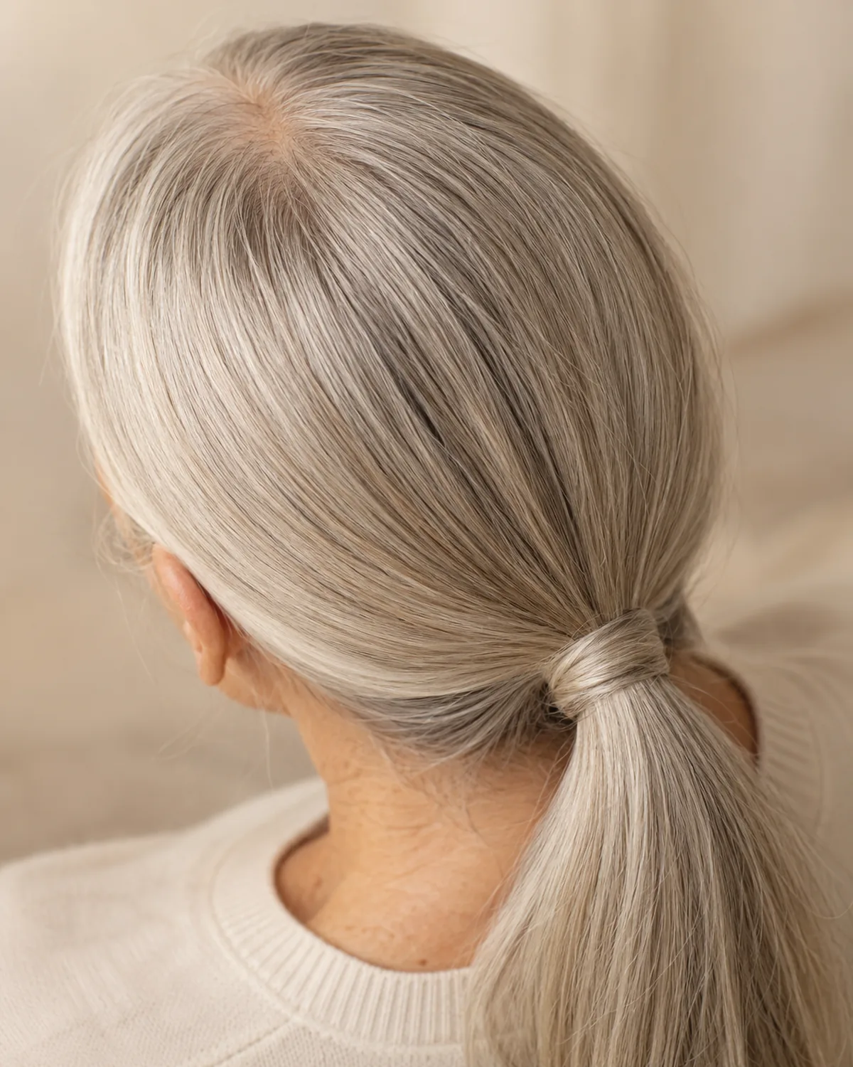 Top-down view of mature woman over 60 with head tilted forward, crown toward camera, silver hair gathered in a sleek low ponytail at the nape with a section wrapped around the base