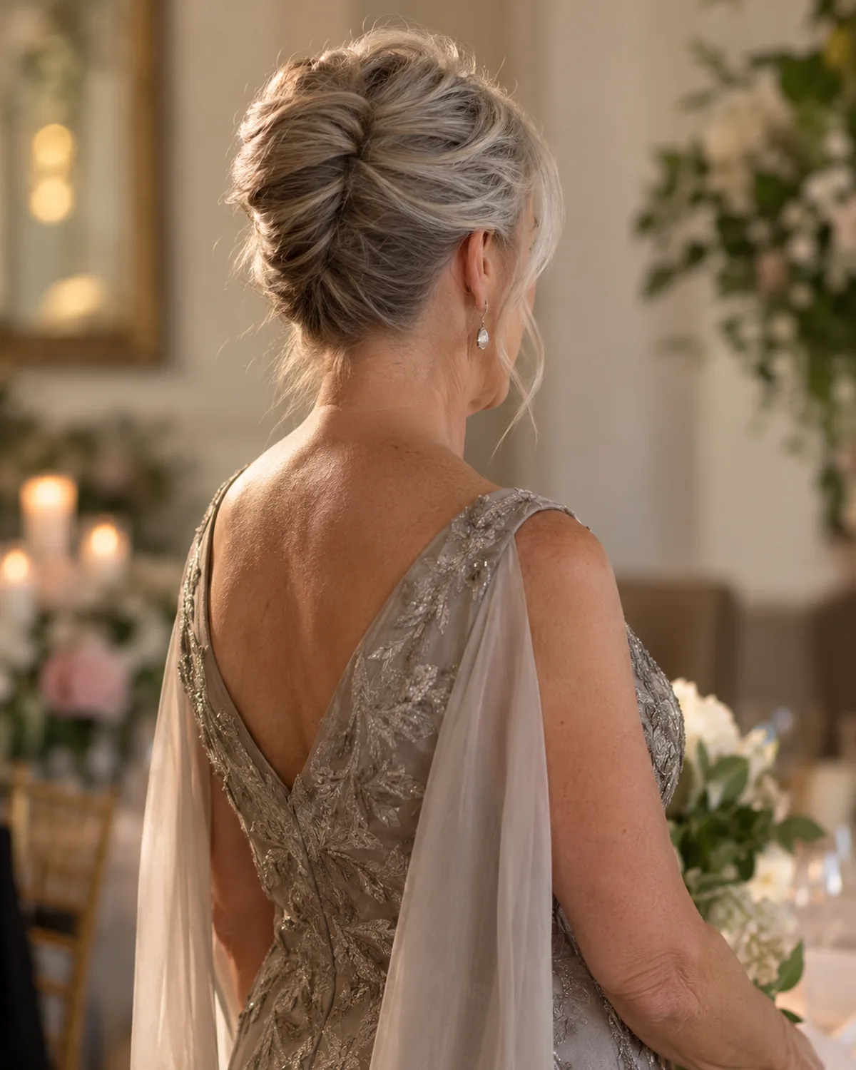 Back-three-quarter view of mature woman over 60 with silver-grey hair in a textured French twist, nape visible, deliberate loosened pieces at the crown and temple