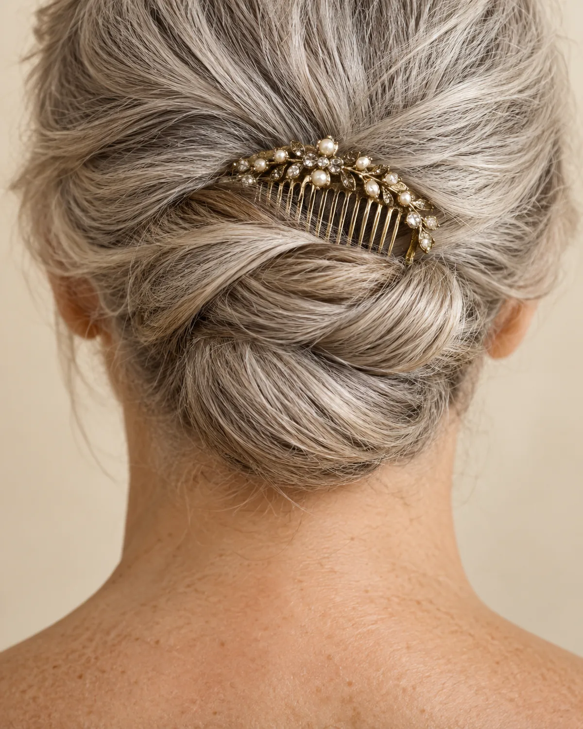 Close crop on the nape and hairline of mature woman over 60 with silver hair twisted into a low bun at the nape, a decorative comb anchoring the top of the twist