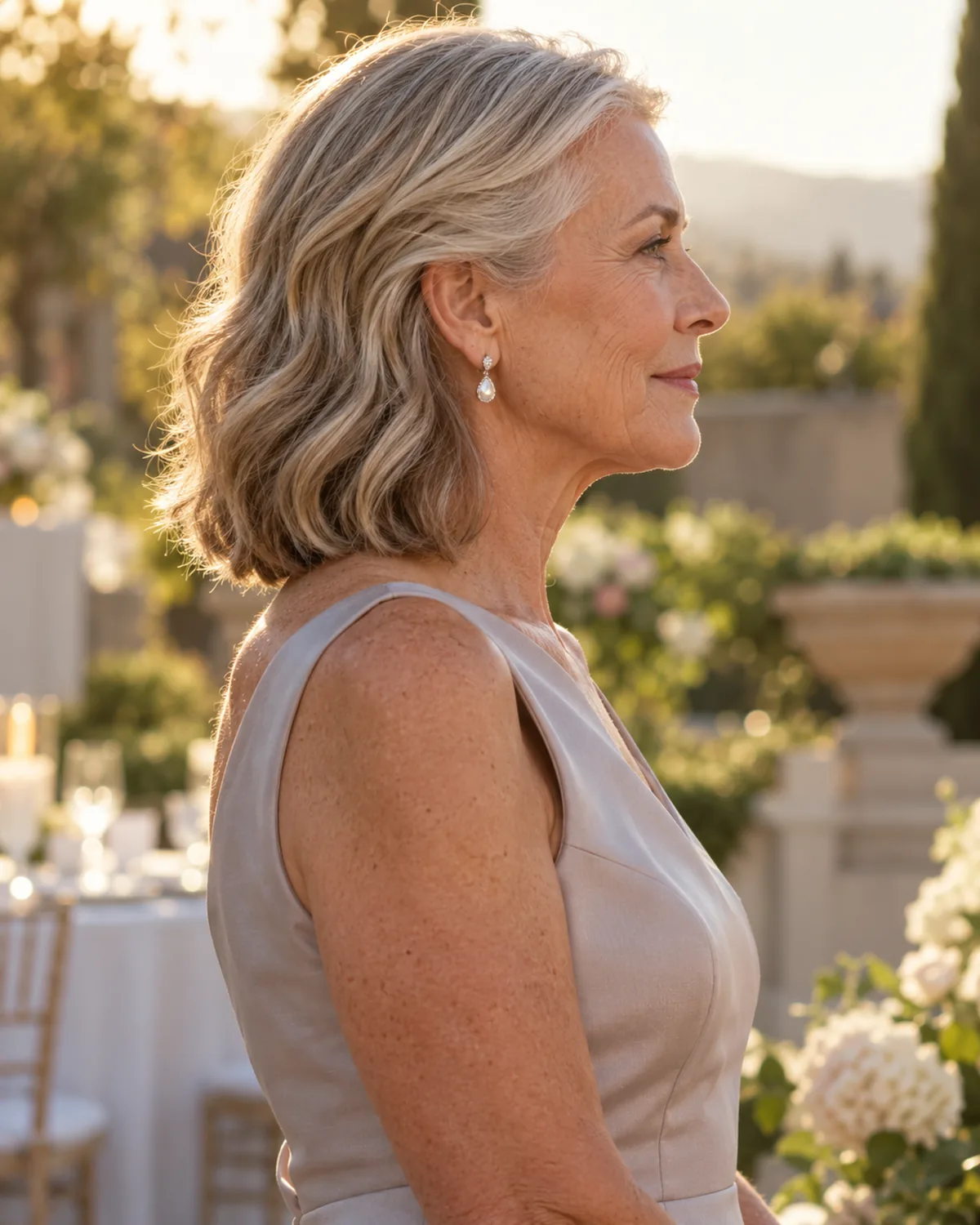 Full profile from the right side of mature woman over 60 with a wavy lob, both sides tucked behind the ears, loose waves visible through the back