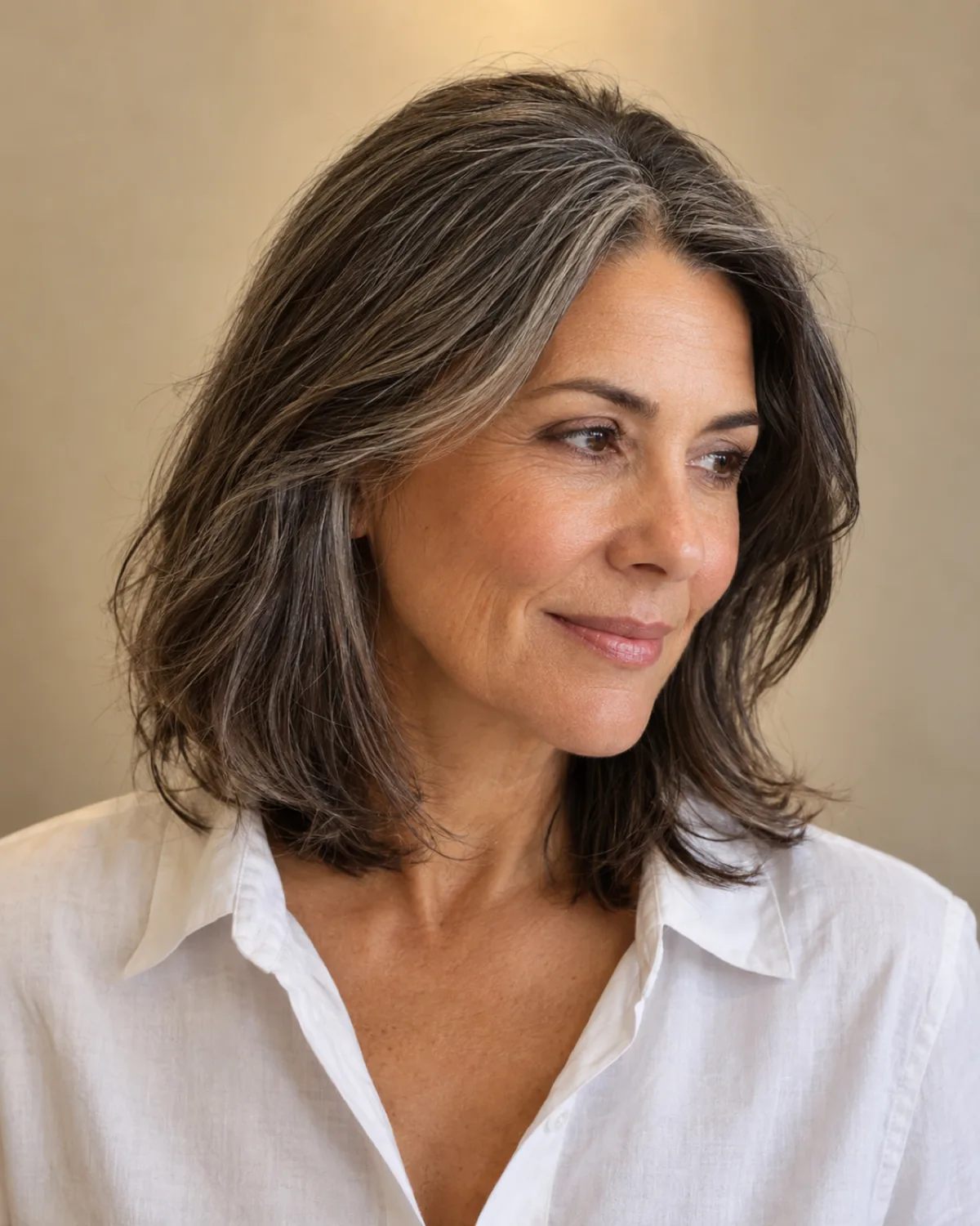 A woman with dark hair blended with silver streaks in a collarbone-length layered cut turned three-quarter to camera right against a warm beige wall